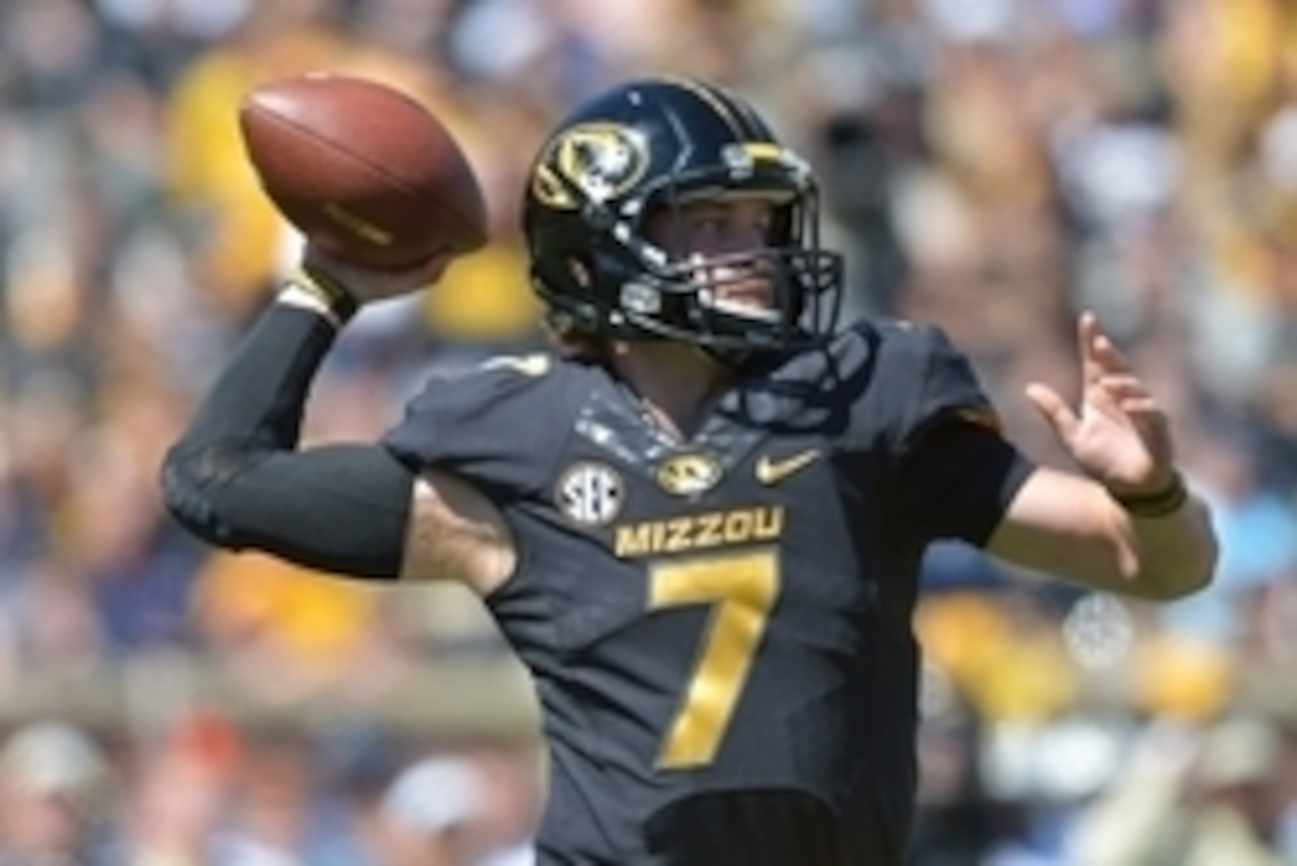 Sep 13, 2014; Columbia, MO, USA; Missouri Tigers quarterback Maty Mauk (7) throws a pass during the second half against the UCF Knights at Faurot Field. The Tigers won 38-10. Mandatory Credit: Denny Medley-USA TODAY Sports