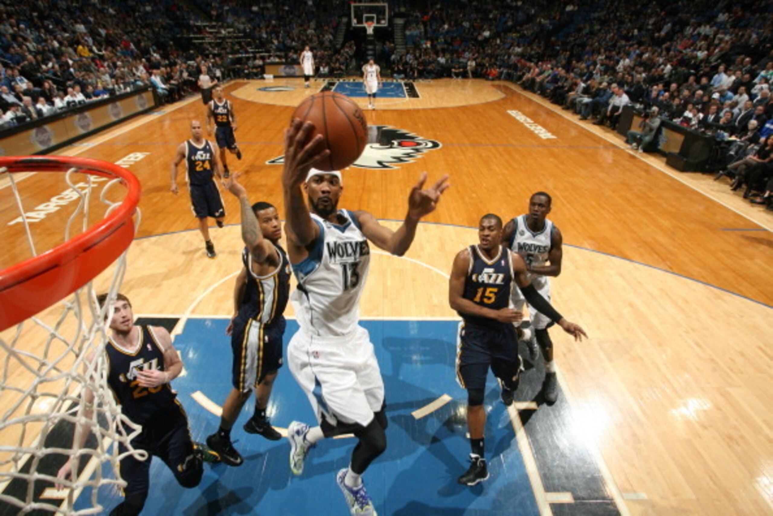 MINNEAPOLIS, MN - April 16: Corey Brewer #13 of the Minnesota Timberwolves goes up for the layup against the Utah Jazz during the game on April 16, 2014 at Target Center in Minneapolis, Minnesota. NOTE TO USER: User expressly acknowledges and agrees that,