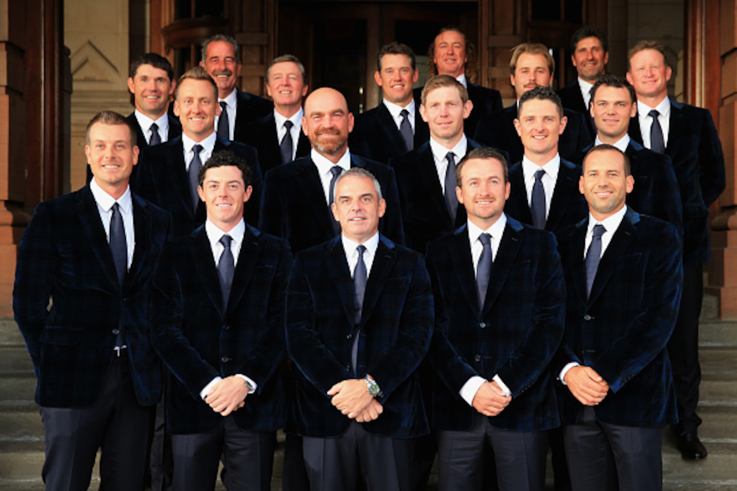 GLASGOW, SCOTLAND - SEPTEMBER 24:  Lee Westwood, Victor Dubuisson, Jamie Donaldson, Ian Poulter, Thomas Bjorn, Stephen Gallacher, Justin Rose, Martin Kaymer, Henrik Stenson, Rory McIlroy, Europe team captain Paul McGinley, Graeme McDowell and Sergio Garci
