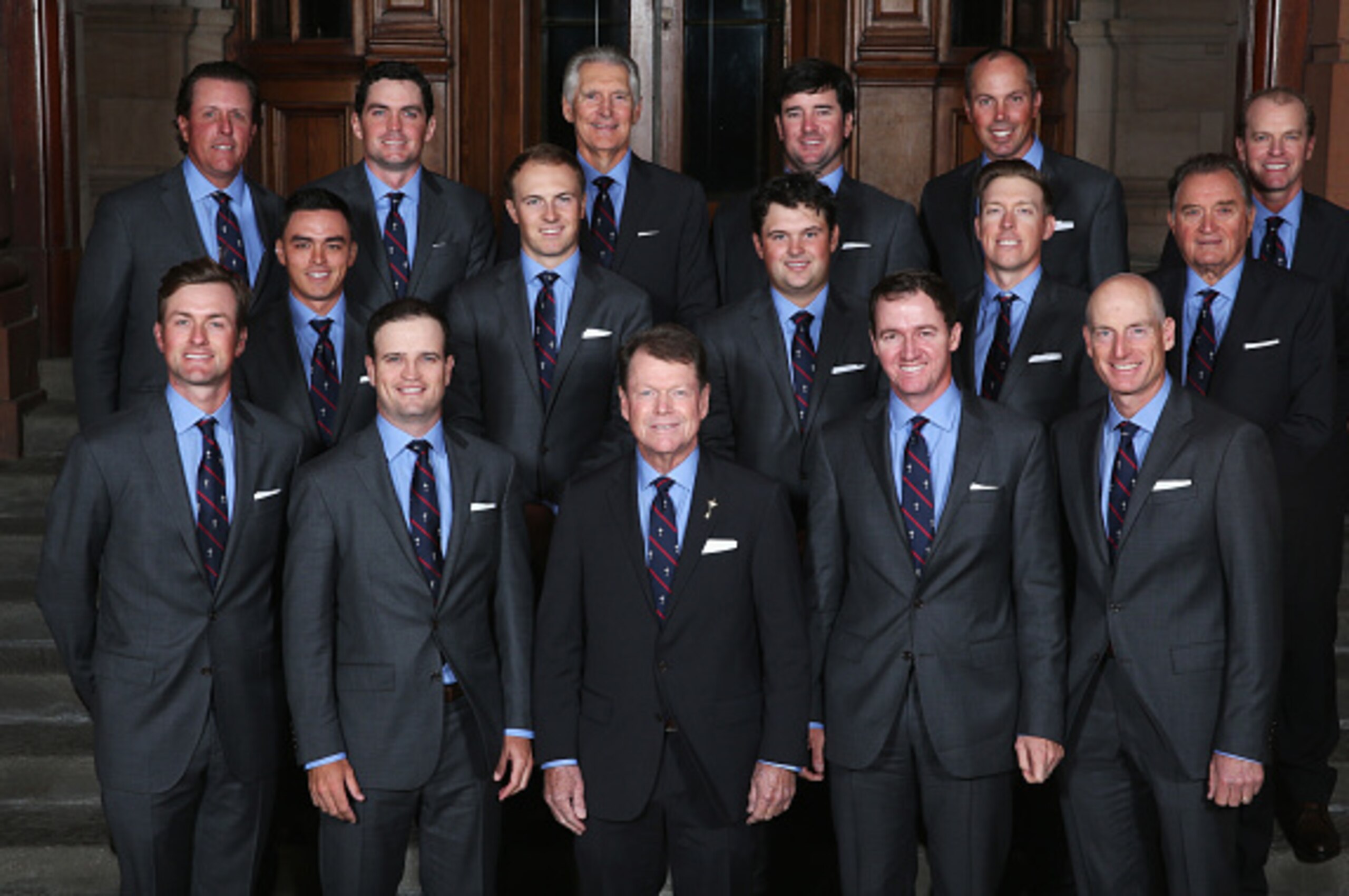 GLASGOW, SCOTLAND - SEPTEMBER 24: (Top row L-R) Phil Mickelson, Keegan Bradley, vice captain Andy North, Bubba Watson, Matt Kuchar, vice captain Steve Stricker, (middle row L-R) Rickie Fowler, Jordan Spieth, Patrick Reed, Hunter Mahan, vice captain Raymon