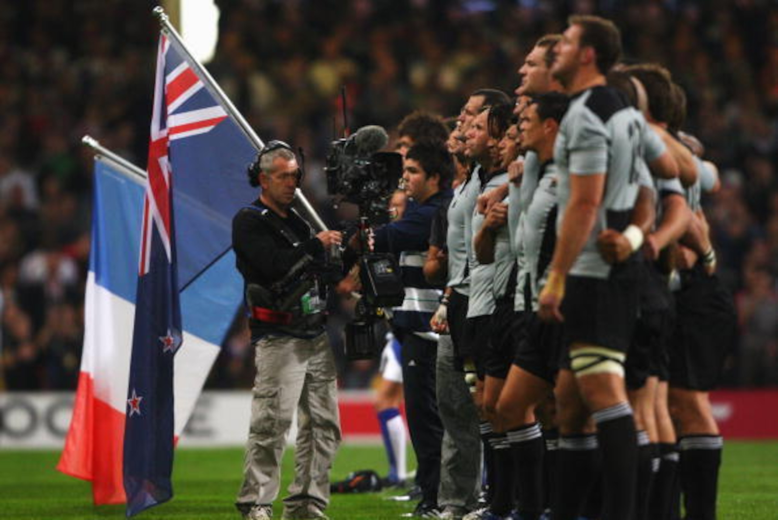CARDIFF, UNITED KINGDOM - OCTOBER 06:  New Zealand players stand for the national anthems prior to the Quarter Final of the Rugby World Cup 2007 match between New Zealand and France at the Millennium Stadium on October 6, 2007 in Cardiff, United Kingdom. 