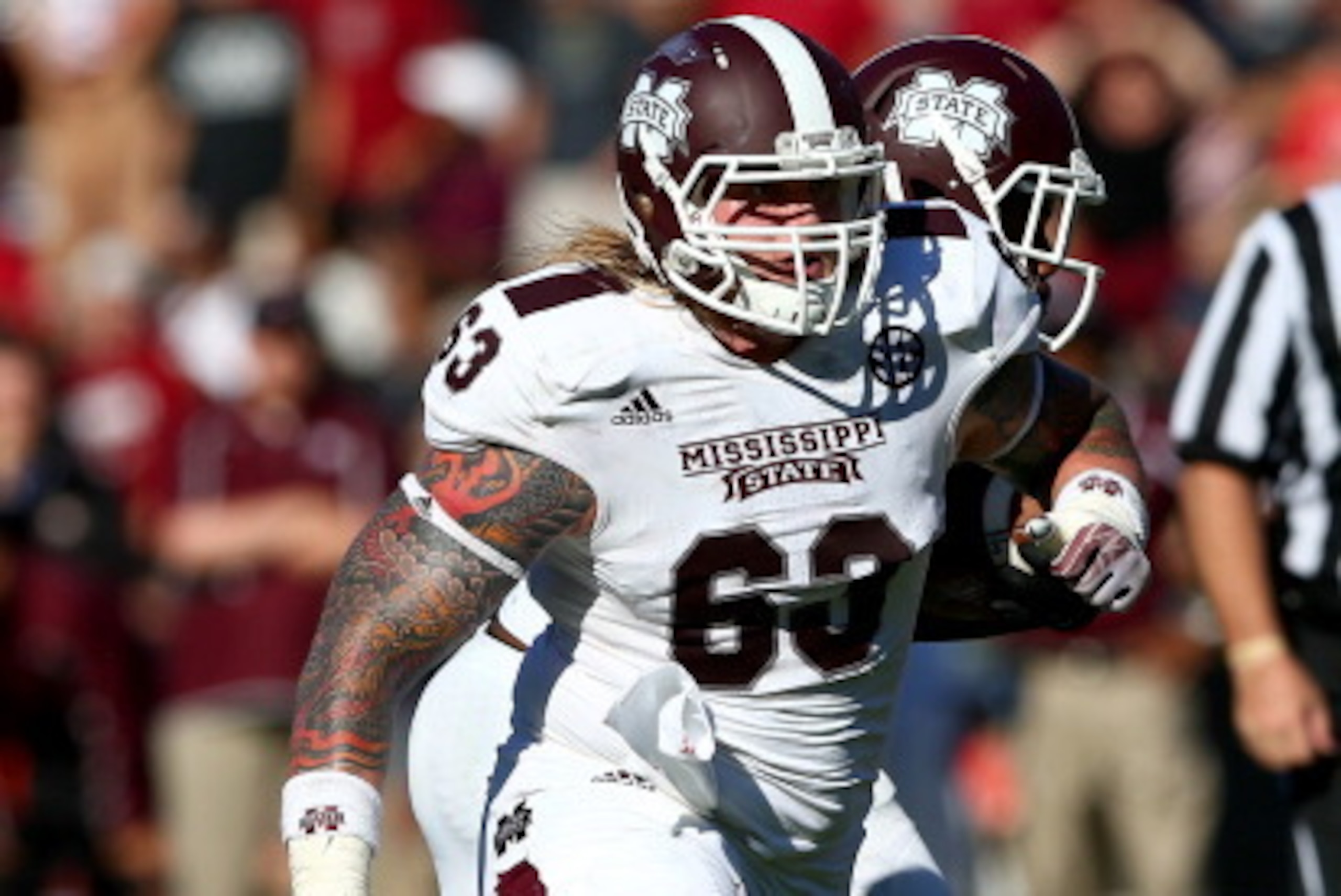 COLUMBIA, SC - NOVEMBER 02:  Dillon Day #63 of the Mississippi State Bulldogs during their game at Williams-Brice Stadium on November 2, 2013 in Columbia, South Carolina.  (Photo by Streeter Lecka/Getty Images)