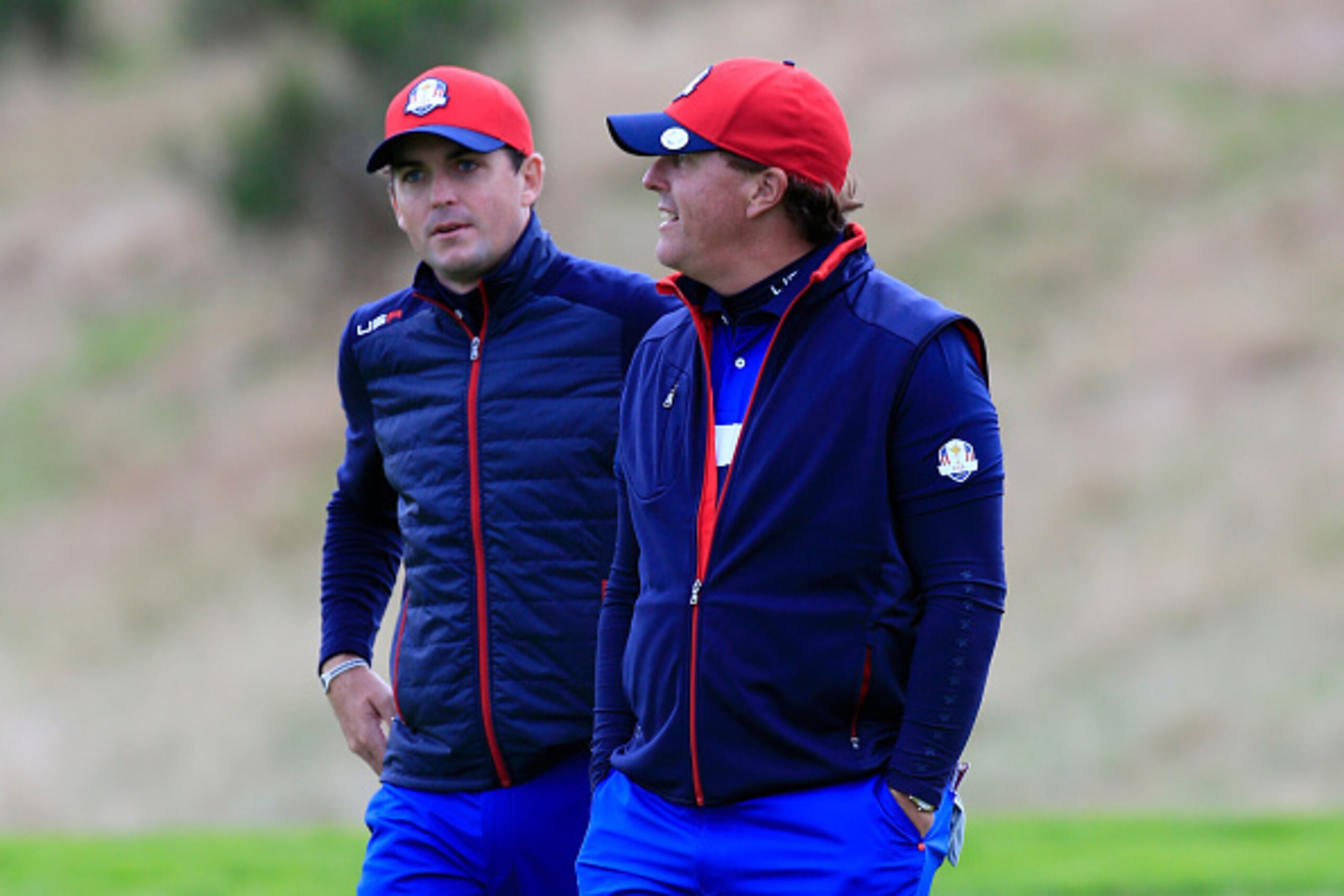 AUCHTERARDER, SCOTLAND - SEPTEMBER 25:  Phil Mickelson of the United States talks to Keegan Bradley (L) during practice ahead of the 2014 Ryder Cup on the PGA Centenary course at the Gleneagles Hotel on September 25, 2014 in Auchterarder, Scotland.  (Phot