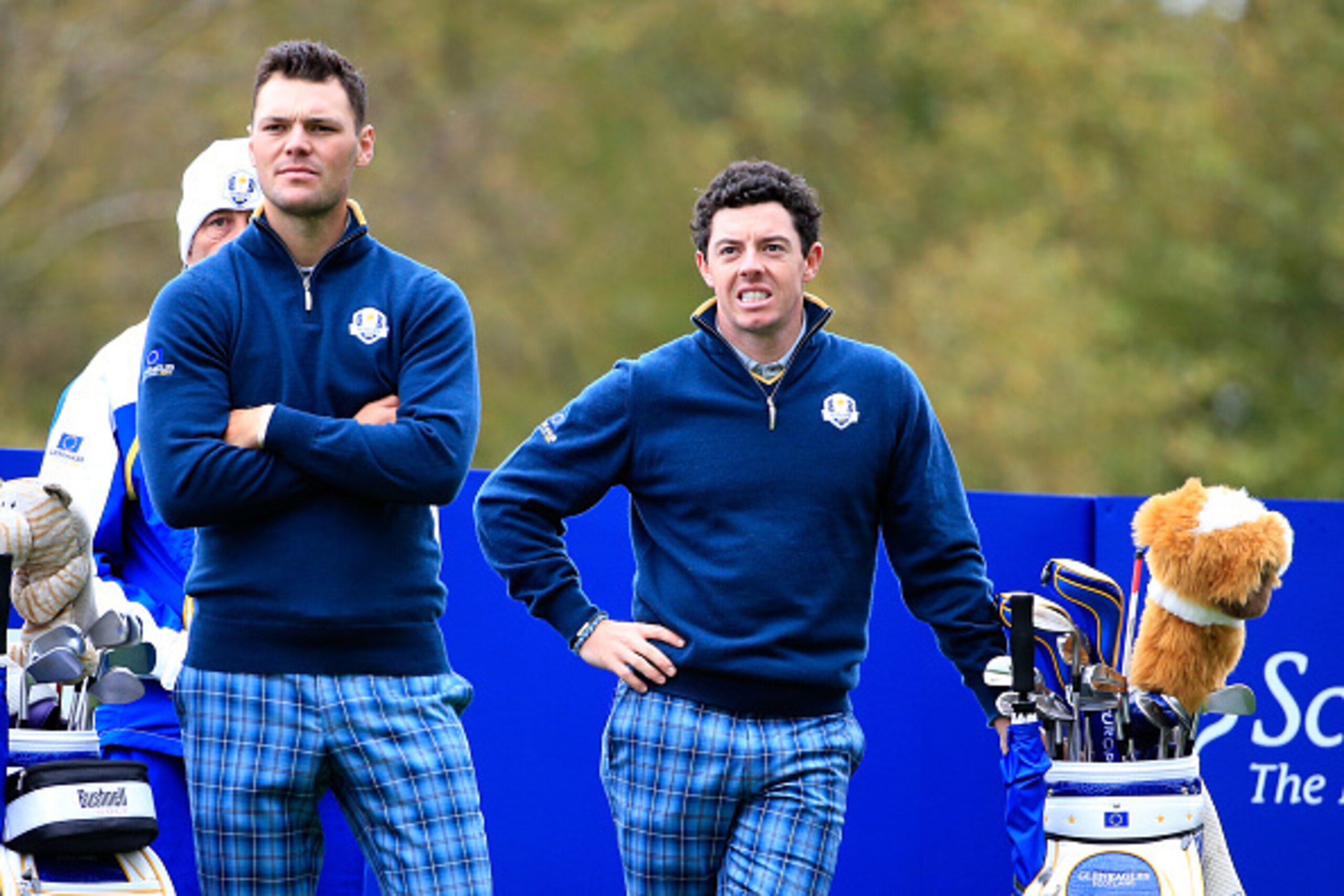 AUCHTERARDER, SCOTLAND - SEPTEMBER 23: Martin Kaymer (L) and Rory McIlroy of Europe look on during practice ahead of the 2014 Ryder Cup on the PGA Centenary course at the Gleneagles Hotel on September 23, 2014 in Auchterarder, Scotland.  (Photo by Harry H