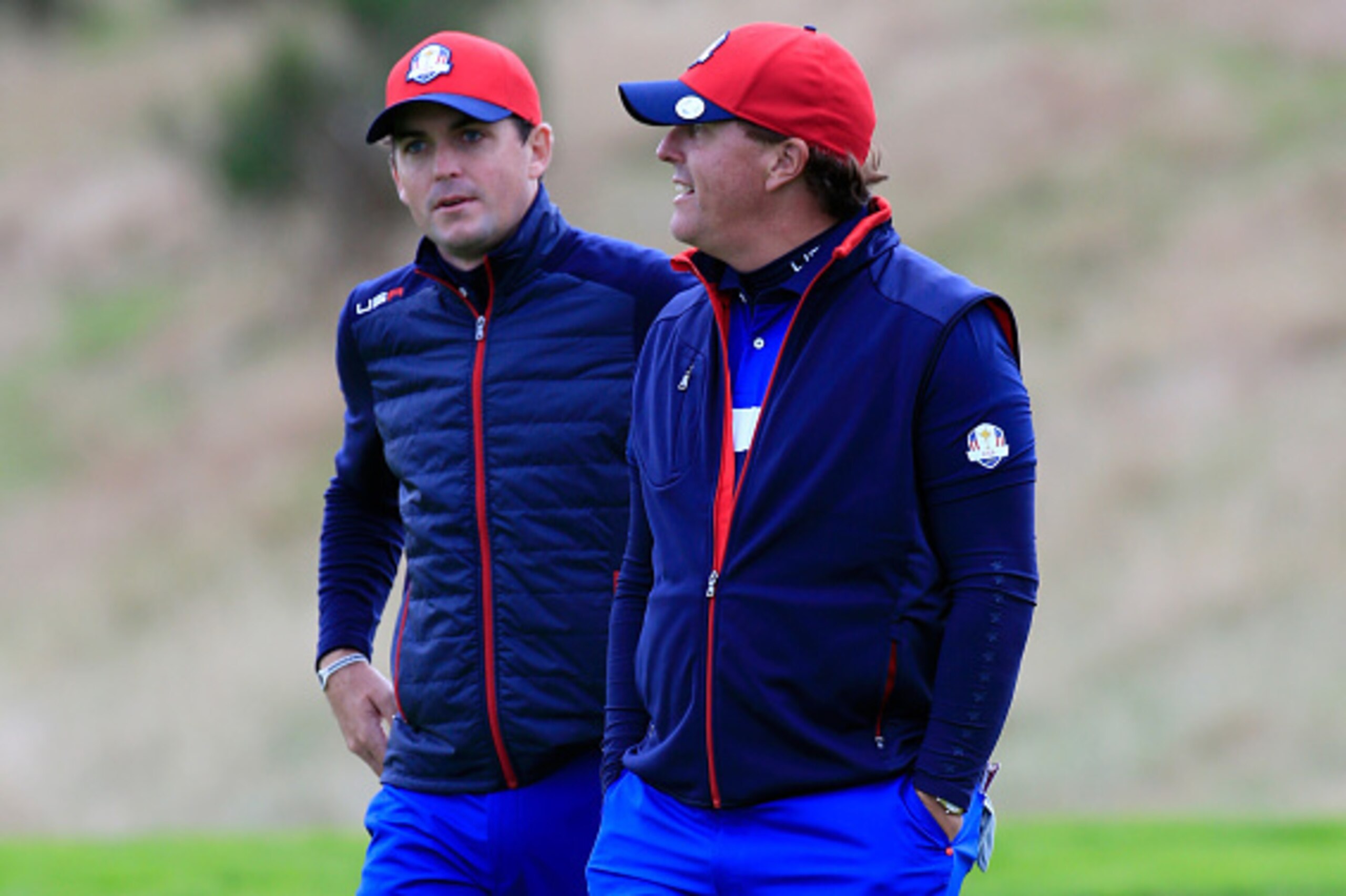 AUCHTERARDER, SCOTLAND - SEPTEMBER 25:  Phil Mickelson of the United States talks to Keegan Bradley (L) during practice ahead of the 2014 Ryder Cup on the PGA Centenary course at the Gleneagles Hotel on September 25, 2014 in Auchterarder, Scotland.  (Phot
