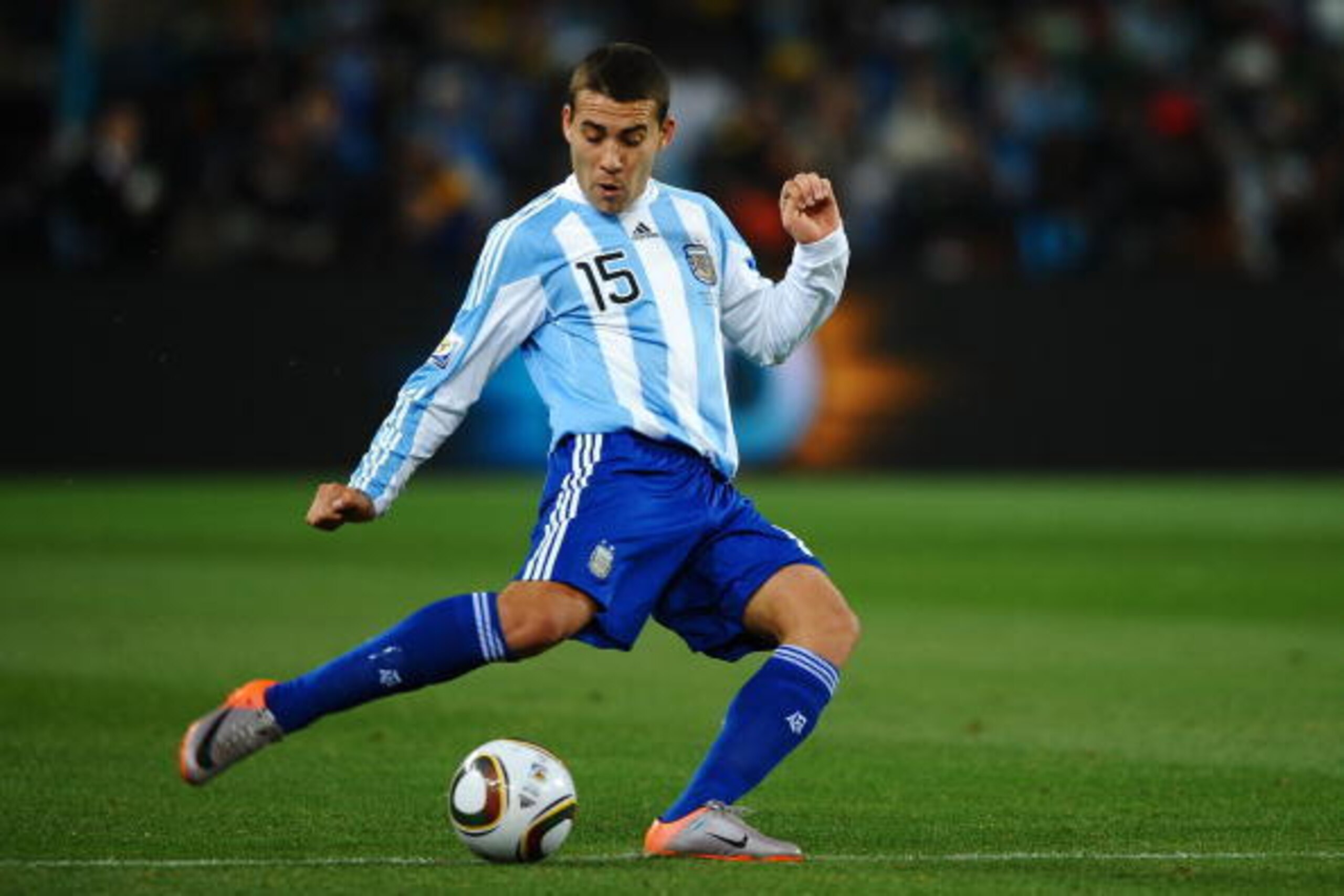 JOHANNESBURG, SOUTH AFRICA - JUNE 27:  Nicolas Otamendi of Argentina kicks the ball during the 2010 FIFA World Cup South Africa Round of Sixteen match between Argentina and Mexico at Soccer City Stadium on June 27, 2010 in Johannesburg, South Africa.  (Ph