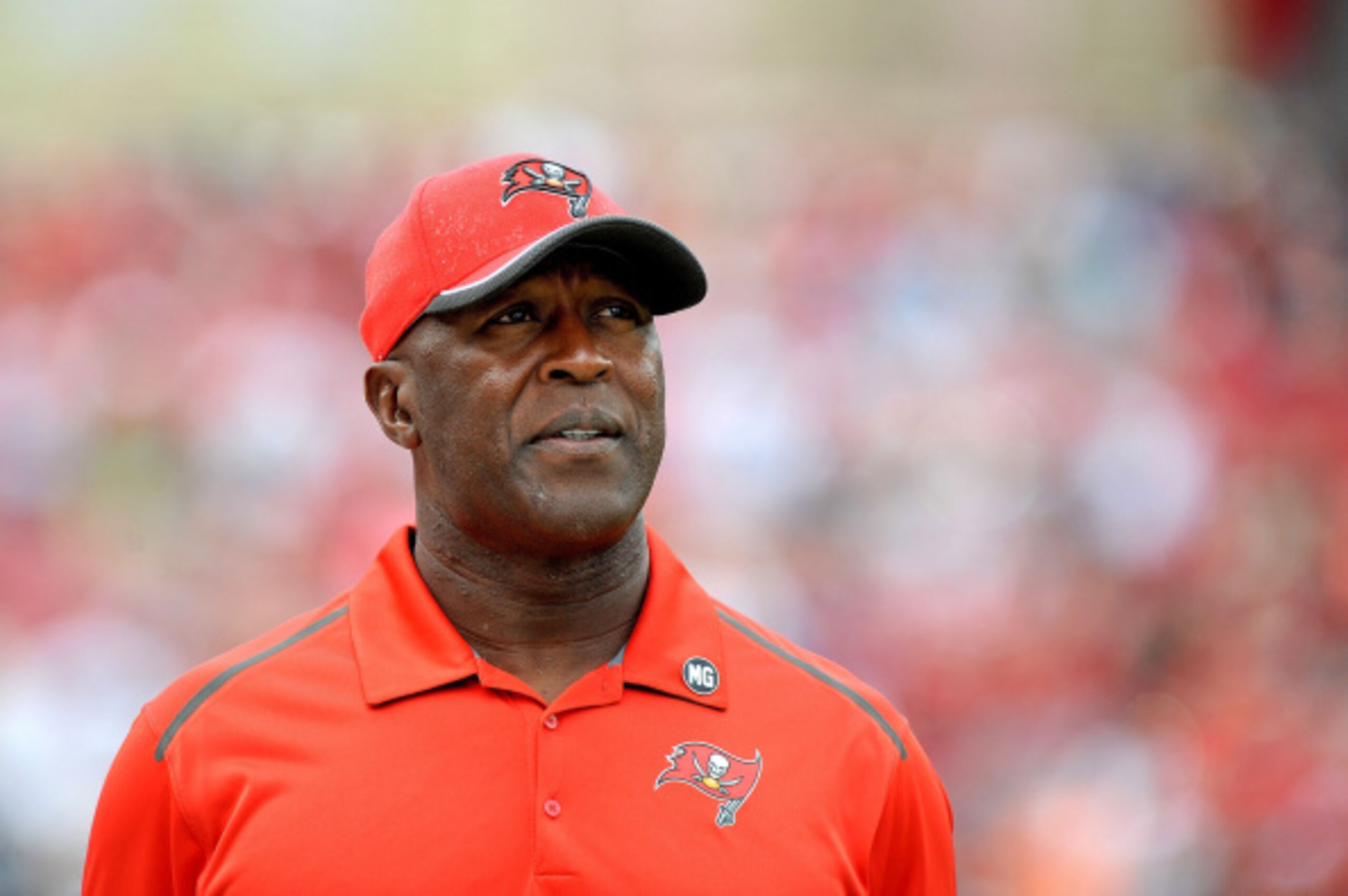 TAMPA, FL - SEPTEMBER 14: Head coach Lovie Smith of the Tampa Bay Buccaneers  looks on during the first quarter of the game against the St. Louis Rams at Raymond James Stadium on September 14, 2014 in Tampa, Florida.  (Photo by Cliff McBride/Getty Images)