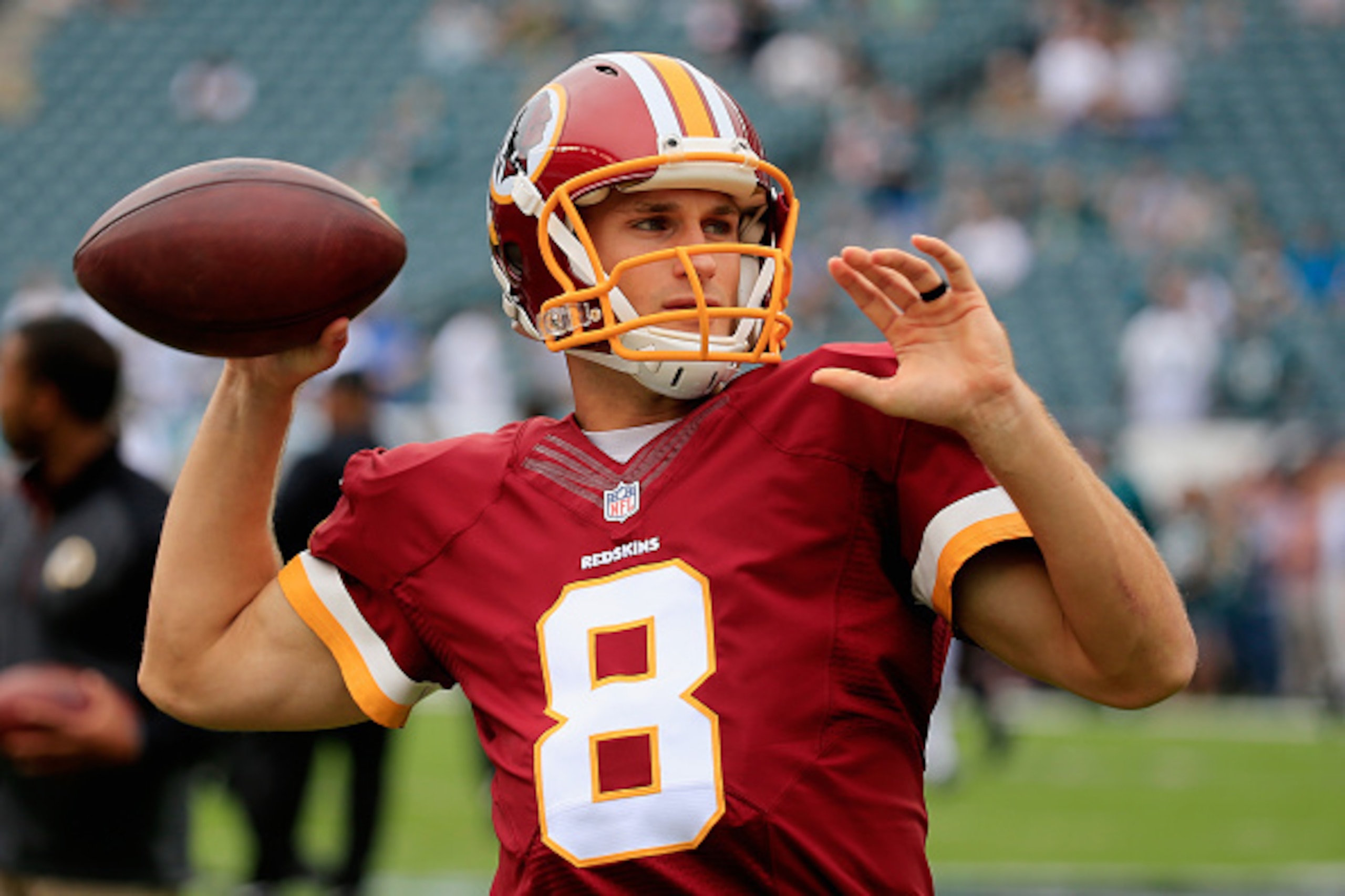 PHILADELPHIA, PA - SEPTEMBER 21:  Quarterback  Kirk Cousins #8 of the Washington Redskins looks to pass during warm-ups before playing against the Philadelphia Eagles at Lincoln Financial Field on September 21, 2014 in Philadelphia, Pennsylvania.  (Photo 