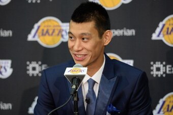 EL SEGUNDO, CA - JULY 24: Jeremy Lin #17 of the Los Angeles Lakers speaks to the media during a press conference on July 24, 2014 at the Toyota Sports Center in El Segundo, California. NOTE TO USER: User expressly acknowledges and agrees that, by download