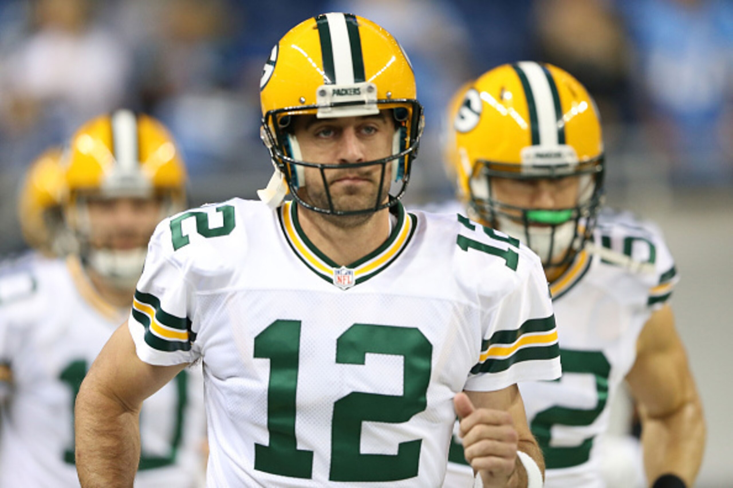DETROIT, MI - SEPTEMBER 21:  Aaron Rodgers #12 of the Green Bay Packers warms up prior to the start of the game against the the Detroit Lions at Ford Field on September 21, 2014 in Detroit, Michigan.  (Photo by Leon Halip/Getty Images). The Lions defeated