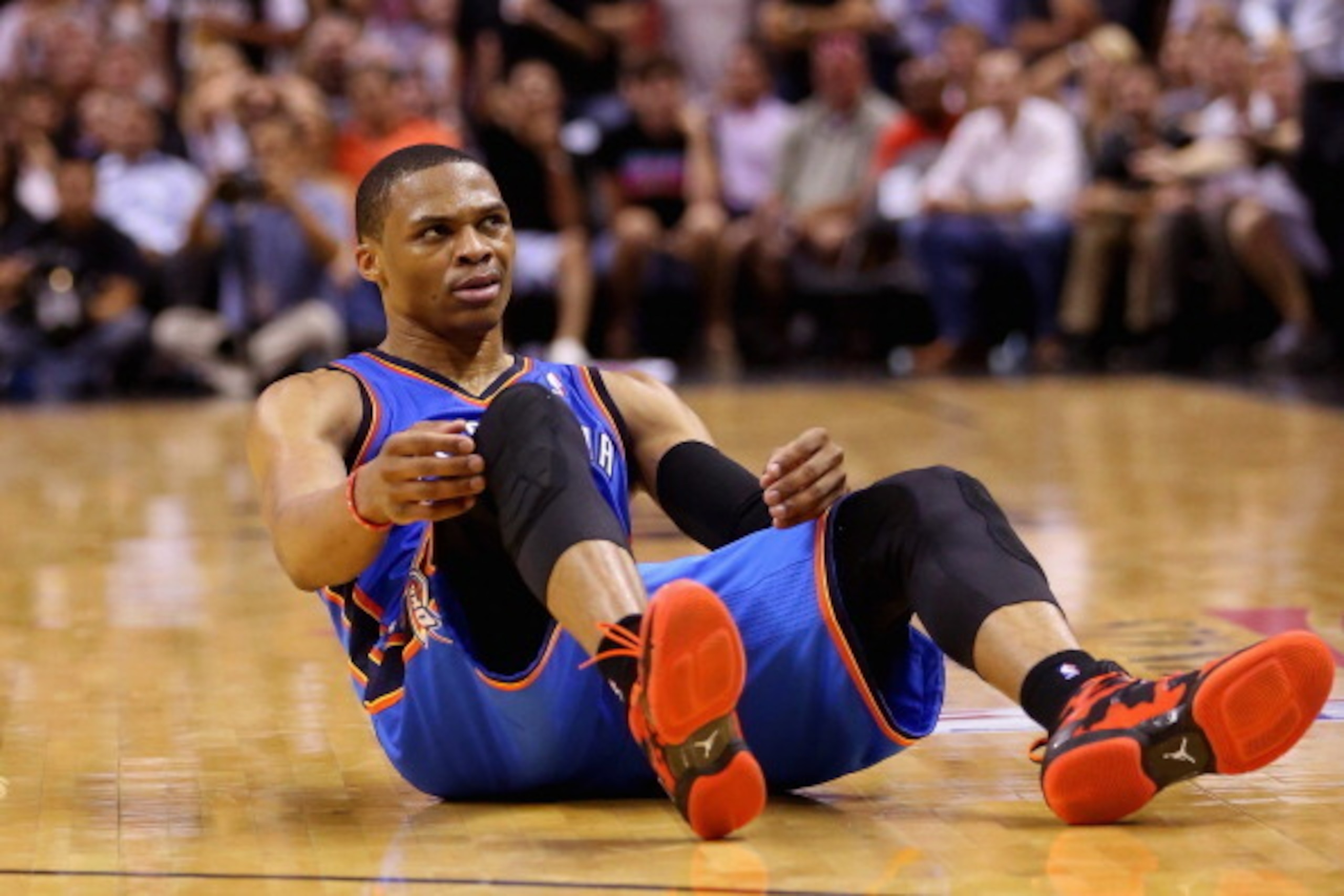 SAN ANTONIO, TX - MAY 29: Russell Westbrook #0 of the Oklahoma City Thunder looks up from the court after a play in the second half against the San Antonio Spurs during Game Five of the Western Conference Finals of the 2014 NBA Playoffs at AT&T Center on SAN ANTONIO, TX - MAY 29: Russell Westbrook #0 of the Oklahoma City Thunder looks up from the court after a play in the second half against the San Antonio Spurs during Game Five of the Western Conference Finals of the 2014 NBA Playoffs at AT&T Center on