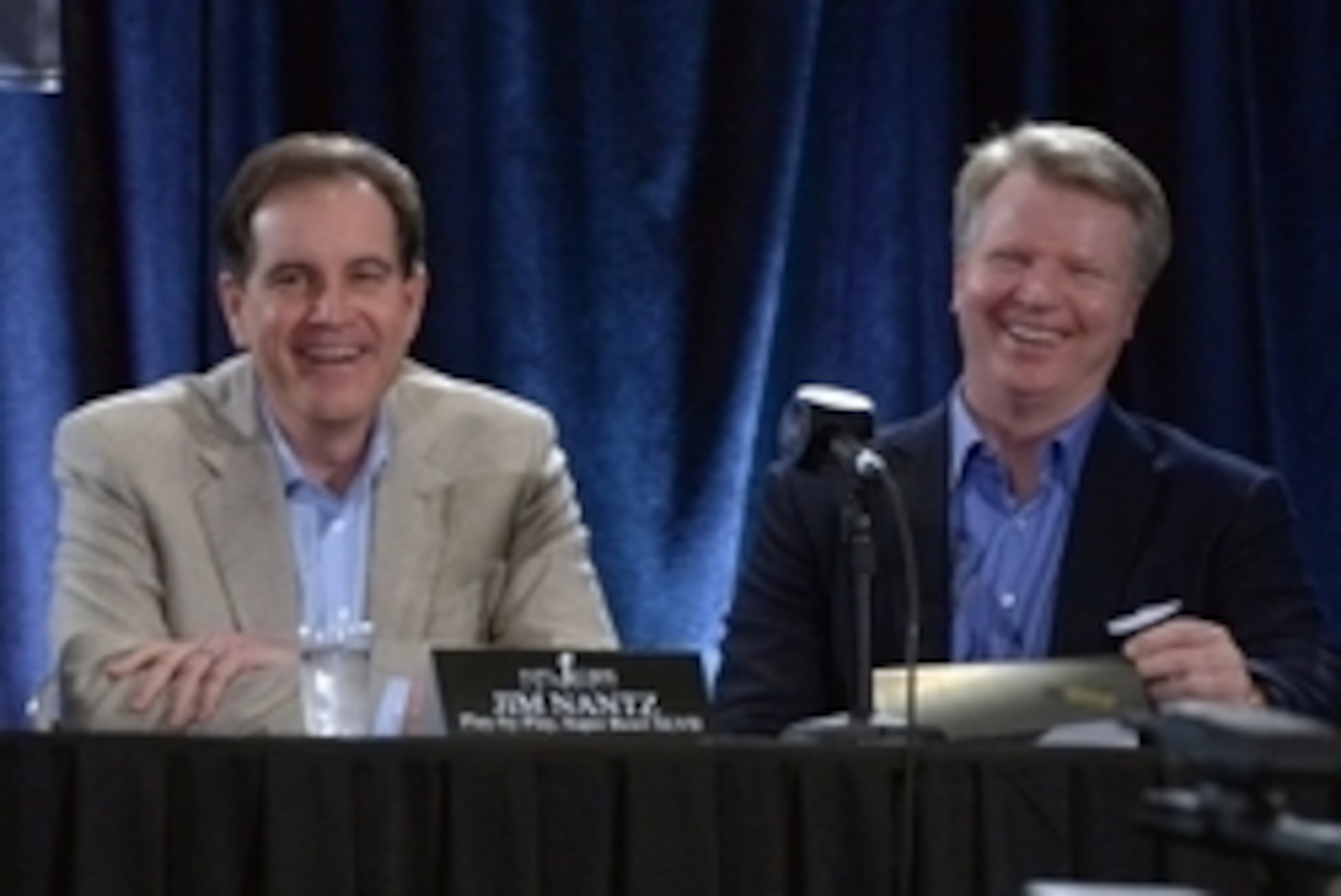 Jan 29, 2013, New Orleans, LA, USA; CBS sports Super Bowl XLVII play-by-play broadcaster Jim Nantz (left) and lead analyst Phil Simms at press conference at the New Orleans Ernest N. Morial Convention Center. Mandatory Credit: Kirby Lee-USA TODAY Sports