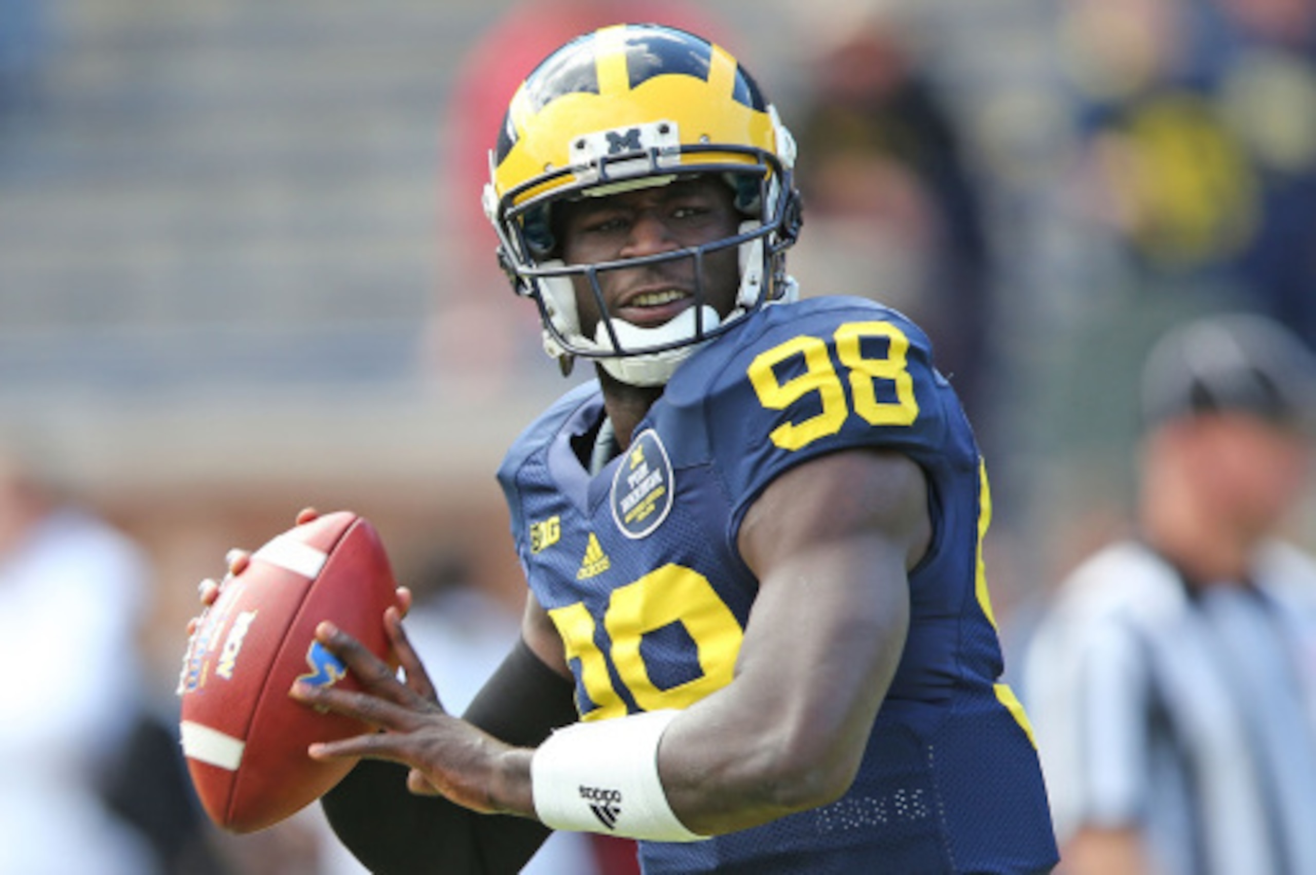 ANN ARBOR, MI - SEPTEMBER 13: Devin Gardner #98 of the Michigan Wolverines warms up prior to the start of the game against the Miami University Redhawks at Michigan Stadium on September 13, 2014 in Ann Arbor, Michigan.  (Photo by Leon Halip/Getty Images)
