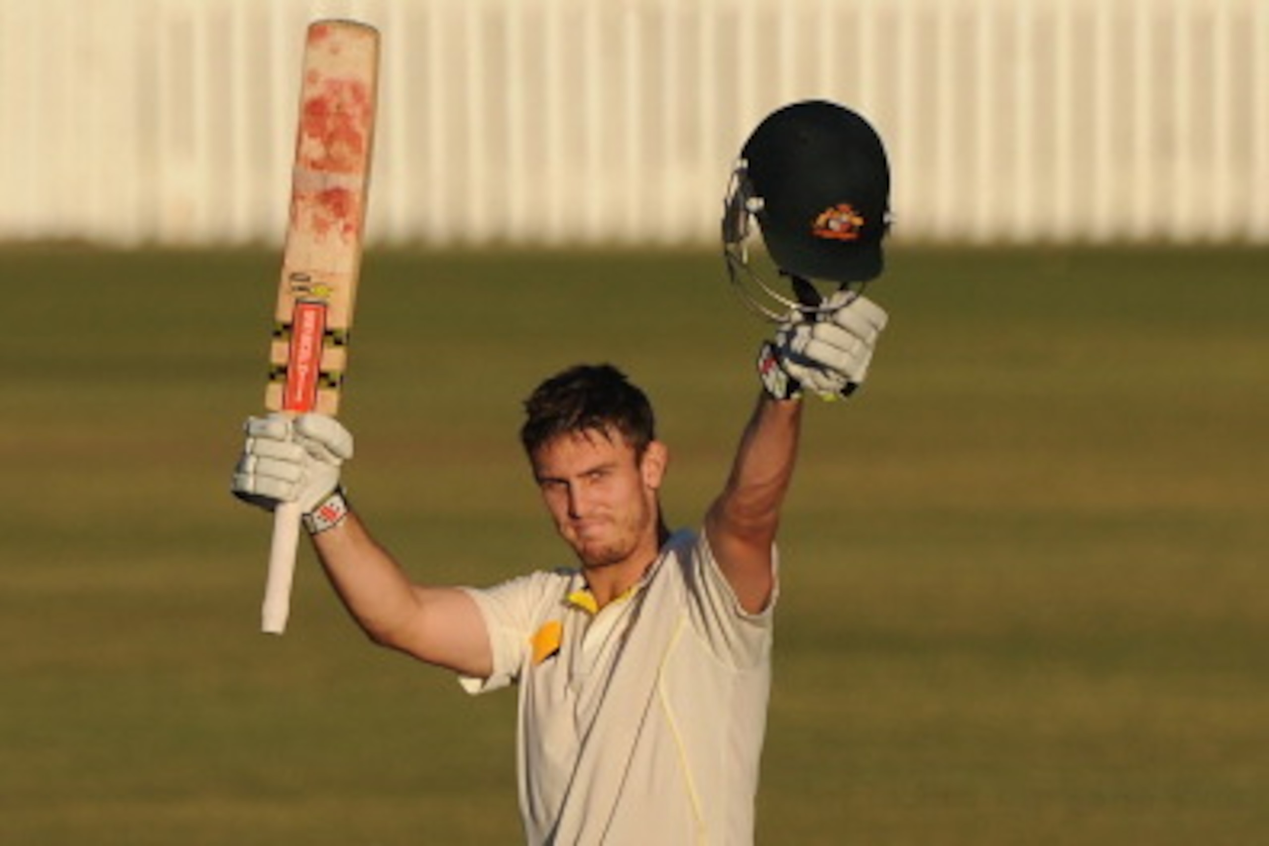 BRISBANE, AUSTRALIA - JULY 08: Mitchell Marsh of Australia A celebrates scoring his double century during the Quadrangular Series match between Australia A and India A at Allan Border Field on July 8, 2014 in Brisbane, Australia. (Photo by Matt Roberts/ BRISBANE, AUSTRALIA - JULY 08: Mitchell Marsh of Australia A celebrates scoring his double century during the Quadrangular Series match between Australia A and India A at Allan Border Field on July 8, 2014 in Brisbane, Australia. (Photo by Matt Roberts/