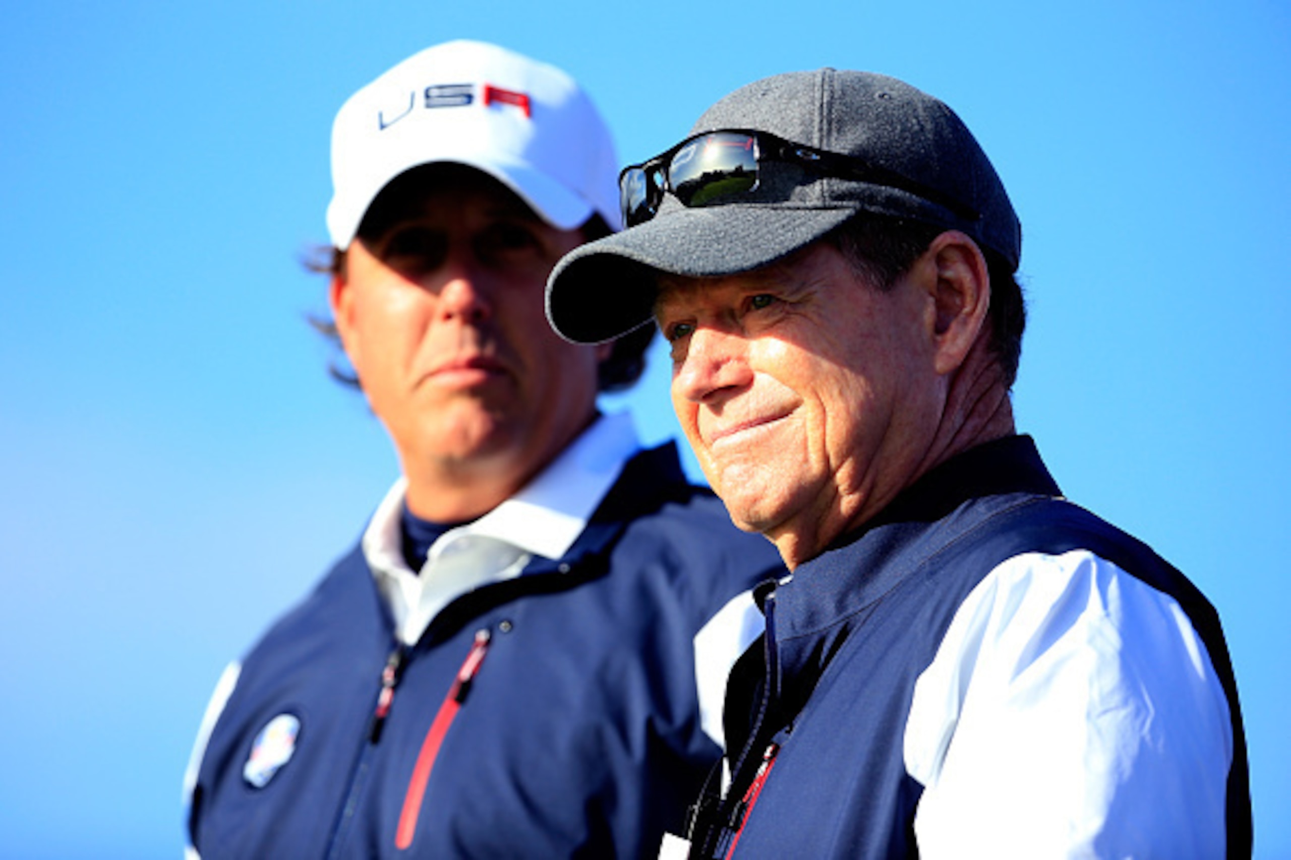AUCHTERARDER, SCOTLAND - SEPTEMBER 26:  Phil Mickelson (L) of the United States talks with captain Tom Watson on the 6th tee during the Morning Fourballs of the 2014 Ryder Cup on the PGA Centenary course at the Gleneagles Hotel on September 26, 2014 in Au