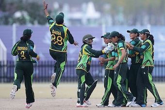 INCHEON, SOUTH KOREA - SEPTEMBER 26: Pakistan players celebrate after dismissing Fahima Khatun of Bangladesh during the cricket  women's final match between Pakistan and Bangladesh on day seven of the 2014 Asian Games match at Yeonhui Cricket Ground on Se