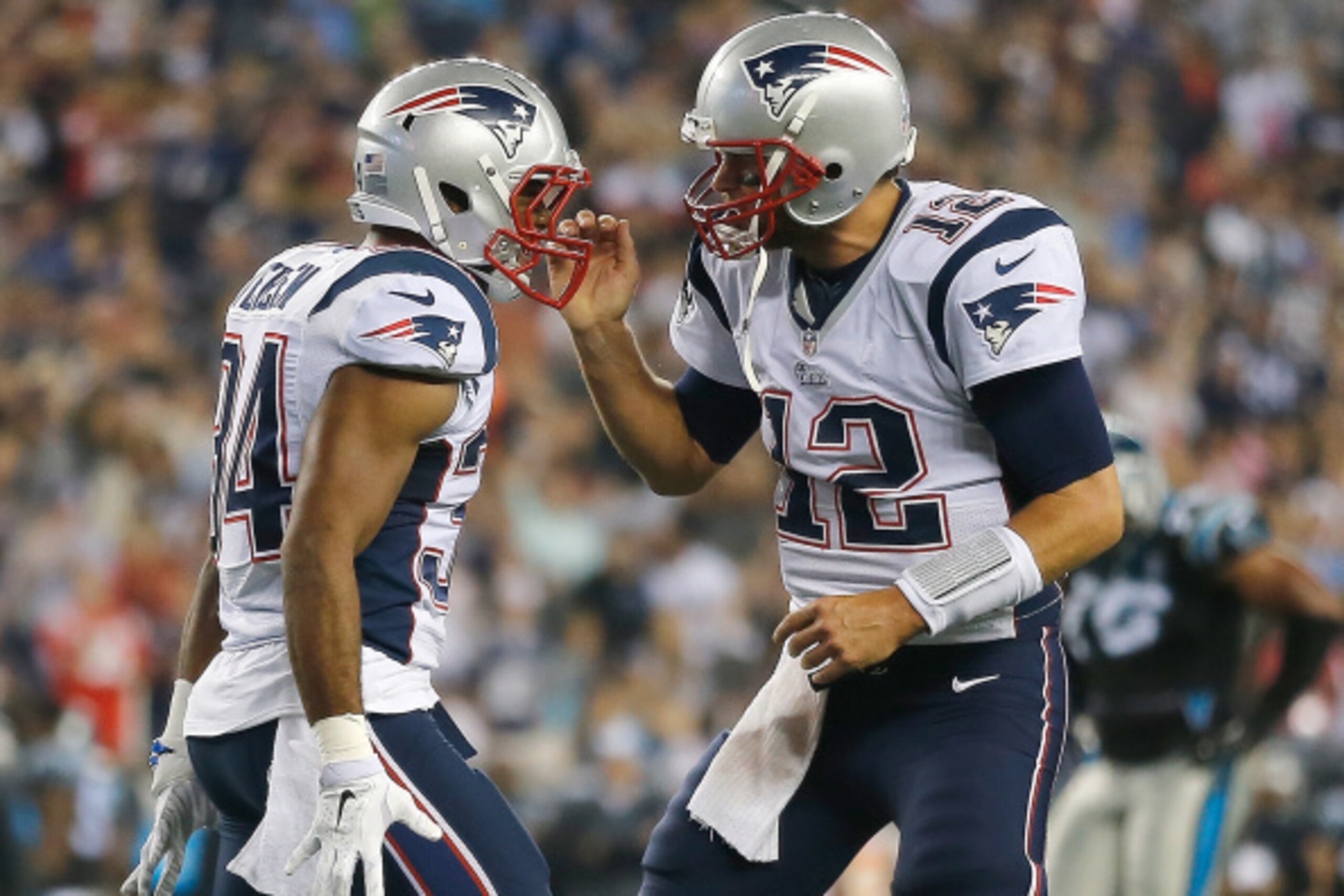 FOXBORO, MA - AUGUST 22:  Shane Vereen #34 of the New England Patriots celebrates his touchdown with Tom Brady #12   during a preseason game with the Carolina Panthers in the second quarter at Gillette Stadium on August 22, 2014 in Foxboro, Massachusetts.