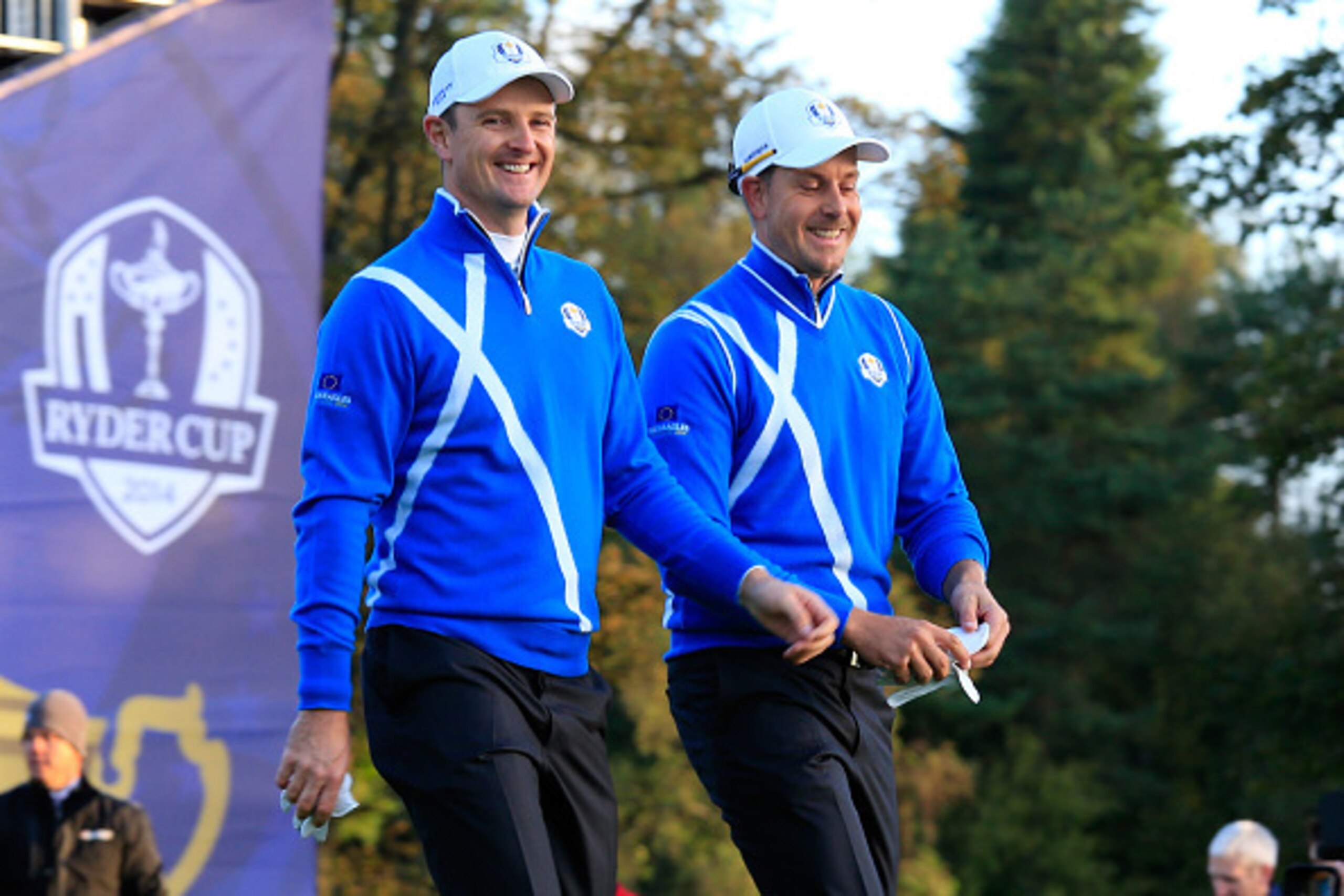 AUCHTERARDER, SCOTLAND - SEPTEMBER 26:  Justin Rose (L) and Henrik Stenson of Europe smile as they leave the 1st tee during the Morning Fourballs of the 2014 Ryder Cup on the PGA Centenary course at the Gleneagles Hotel on September 26, 2014 in Auchterard