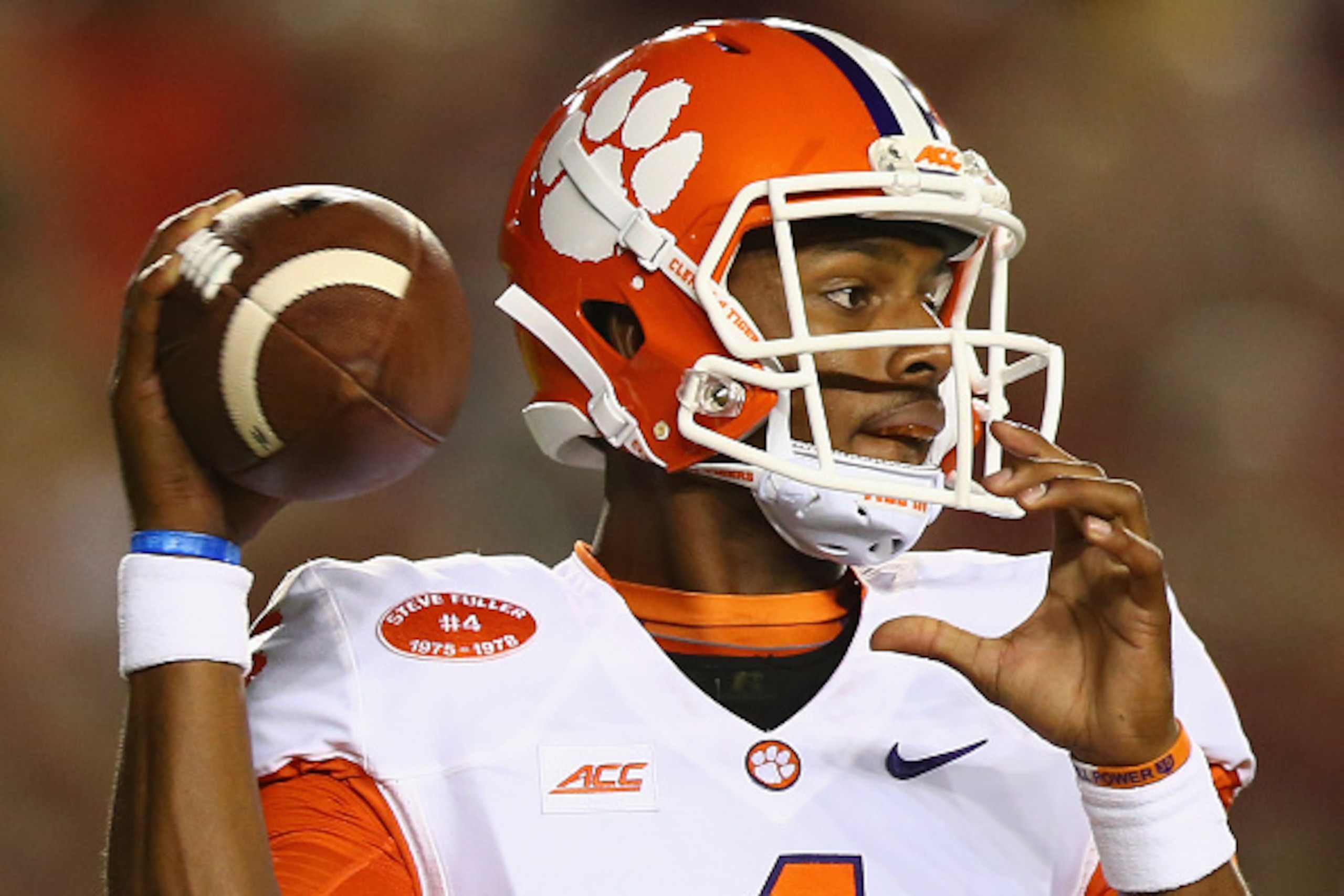 TALLAHASSEE, FL - SEPTEMBER 20:  Deshaun Watson #4 of the Clemson Tigers throws against the Florida State Seminoles at Doak Campbell Stadium on September 20, 2014 in Tallahassee, Florida.  (Photo by Ronald Martinez/Getty Images)