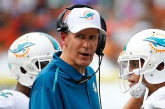 MIAMI GARDENS, FL - SEPTEMBER 07:  Head coach Joe Philbin of the Miami Dolphins reacts on the sideline during a game against the New England Patriots at Sun Life Stadium on September 7, 2014 in Miami Gardens, Florida.  (Photo by Rob Foldy/Getty Images)