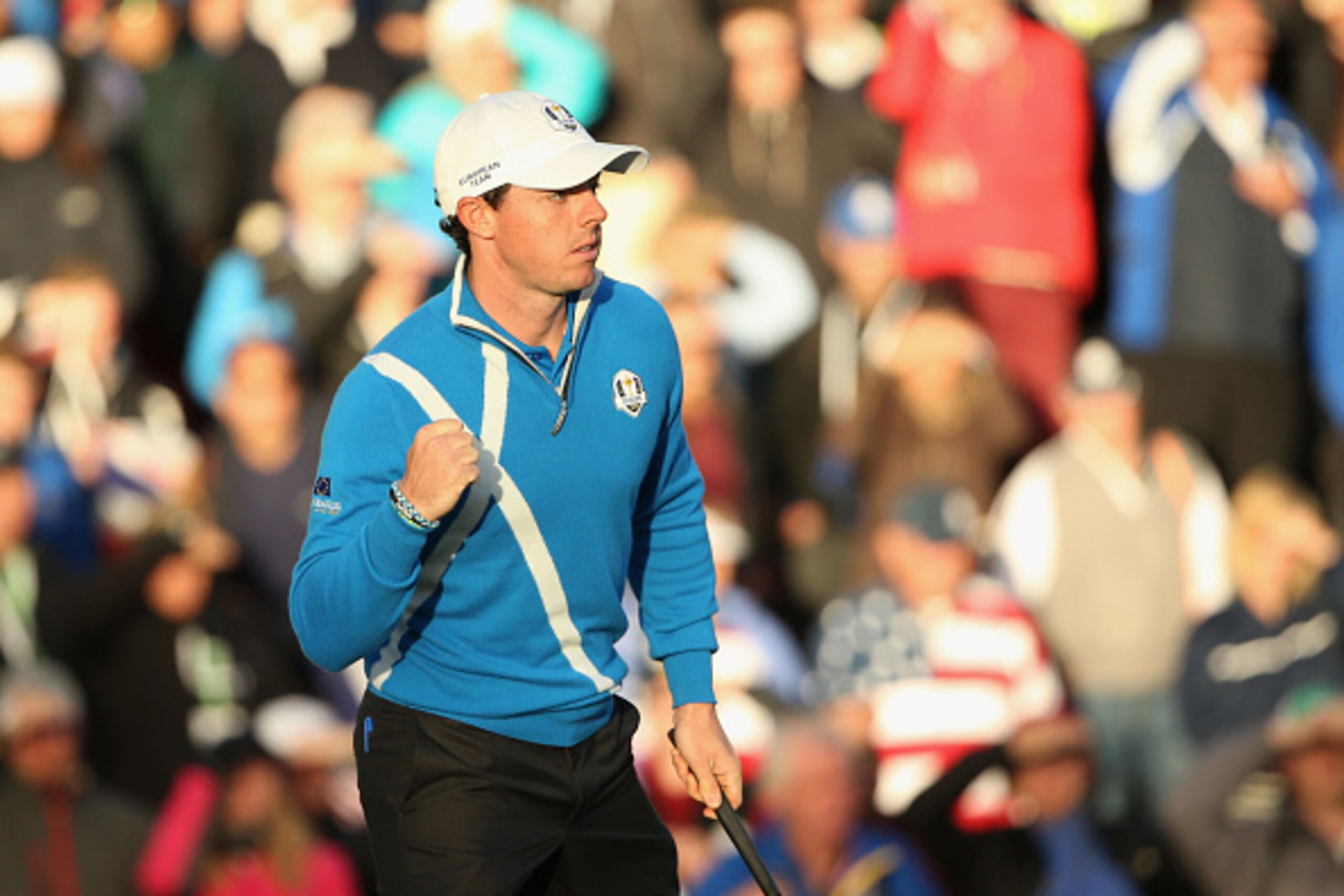 AUCHTERARDER, SCOTLAND - SEPTEMBER 26:  Rory McIlroy of Europe celebrates a putt on the 17th green during the Afternoon Foursomes of the 2014 Ryder Cup on the PGA Centenary course at the Gleneagles Hotel on September 26, 2014 in Auchterarder, Scotland.  (