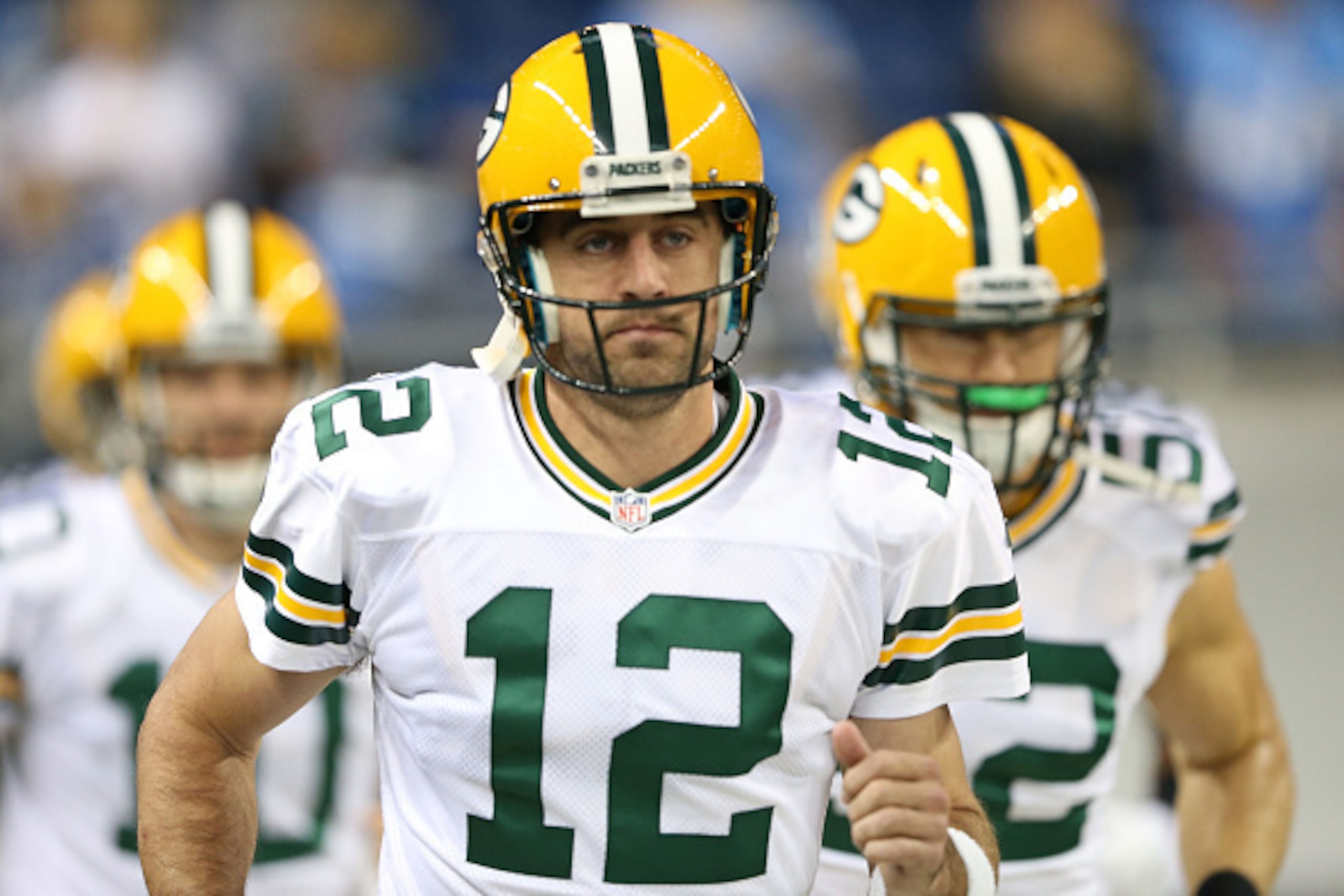 DETROIT, MI - SEPTEMBER 21:  Aaron Rodgers #12 of the Green Bay Packers warms up prior to the start of the game against the the Detroit Lions at Ford Field on September 21, 2014 in Detroit, Michigan.  (Photo by Leon Halip/Getty Images). The Lions defeated