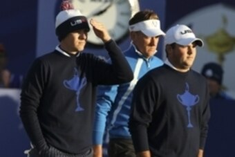 Sep 26, 2014; Auchterarder, Perthshire, SCT; USA golfer Jordan Spieth and Patrick Reed walk together after teeing off on the first hole during the first round for the 2014 Ryder Cup at The Gleneagles Hotel-PGA Centenary Course. Mandatory Credit: Brian Spu