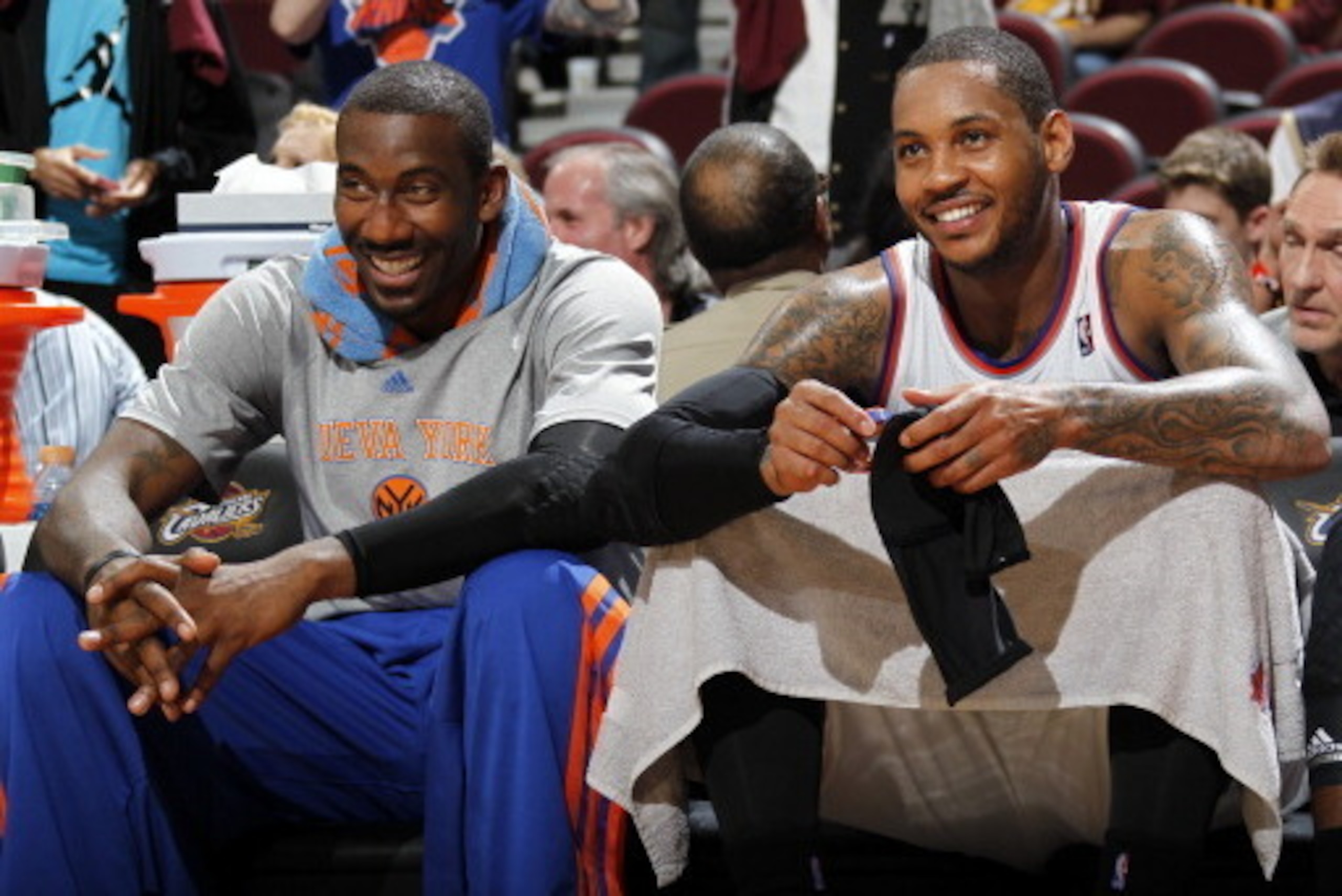 CLEVELAND, OH - MARCH 8: Amar'e Stoudemire #1 and Carmelo Anthony #7 of the New York Knicks sit on the sideline during a game against the Cleveland Cavaliers at The Quicken Loans Arena on February 8, 2014 in Cleveland, Ohio. NOTE TO USER: User expressly a