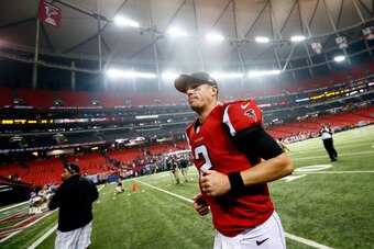 ATLANTA, GA - SEPTEMBER 18: Quarterback Matt Ryan #2 of the Atlanta Falcons leaves the field after defeating the Tampa Bay Buccaneers 56-14 in a game at the Georgia Dome on September 18, 2014 in Atlanta, Georgia.  (Photo by Kevin C. Cox/Getty Images)