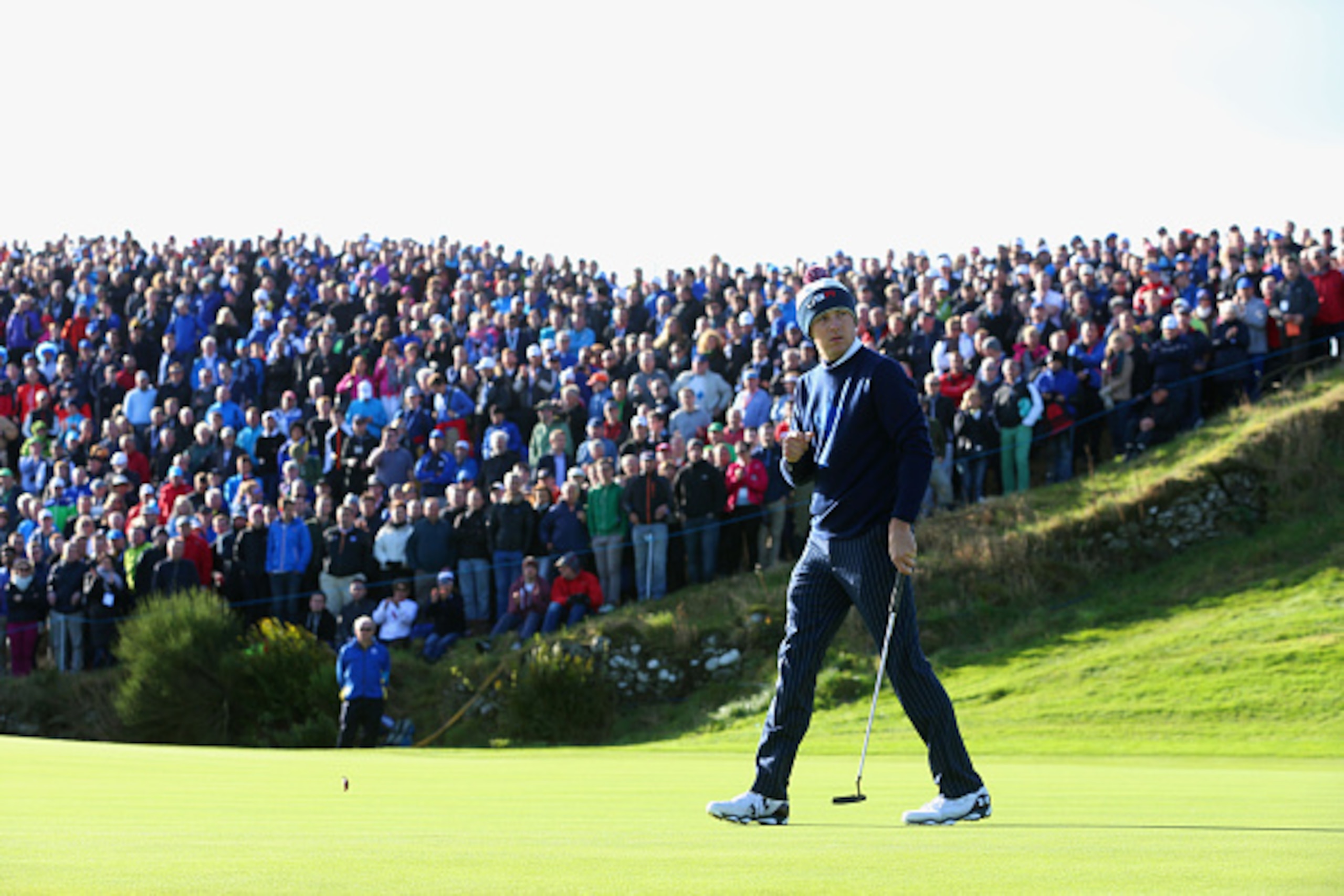 AUCHTERARDER, SCOTLAND - SEPTEMBER 26:  Jordan Spieth of the United States reacts on the 7th green during the Morning Fourballs of the 2014 Ryder Cup on the PGA Centenary course at the Gleneagles Hotel on September 26, 2014 in Auchterarder, Scotland.  (Ph