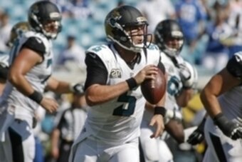 Sep 21, 2014; Jacksonville, FL, USA; Jacksonville Jaguars quarterback Blake Bortles (5) runs out of the pocket in the fourth quarter of their game against the Indianapolis Colts at EverBank Field. The Colts won 44-17. Mandatory Credit: Phil Sears-USA TODA Sep 21, 2014; Jacksonville, FL, USA; Jacksonville Jaguars quarterback Blake Bortles (5) runs out of the pocket in the fourth quarter of their game against the Indianapolis Colts at EverBank Field. The Colts won 44-17. Mandatory Credit: Phil Sears-USA TODA
