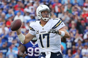 ORCHARD PARK, NY - SEPTEMBER 21:  Philip Rivers #17 of the San Diego Chargers throws against the Buffalo Bills during the first half at Ralph Wilson Stadium on September 21, 2014 in Orchard Park, New York.  (Photo by Tom Szczerbowski/Getty Images)