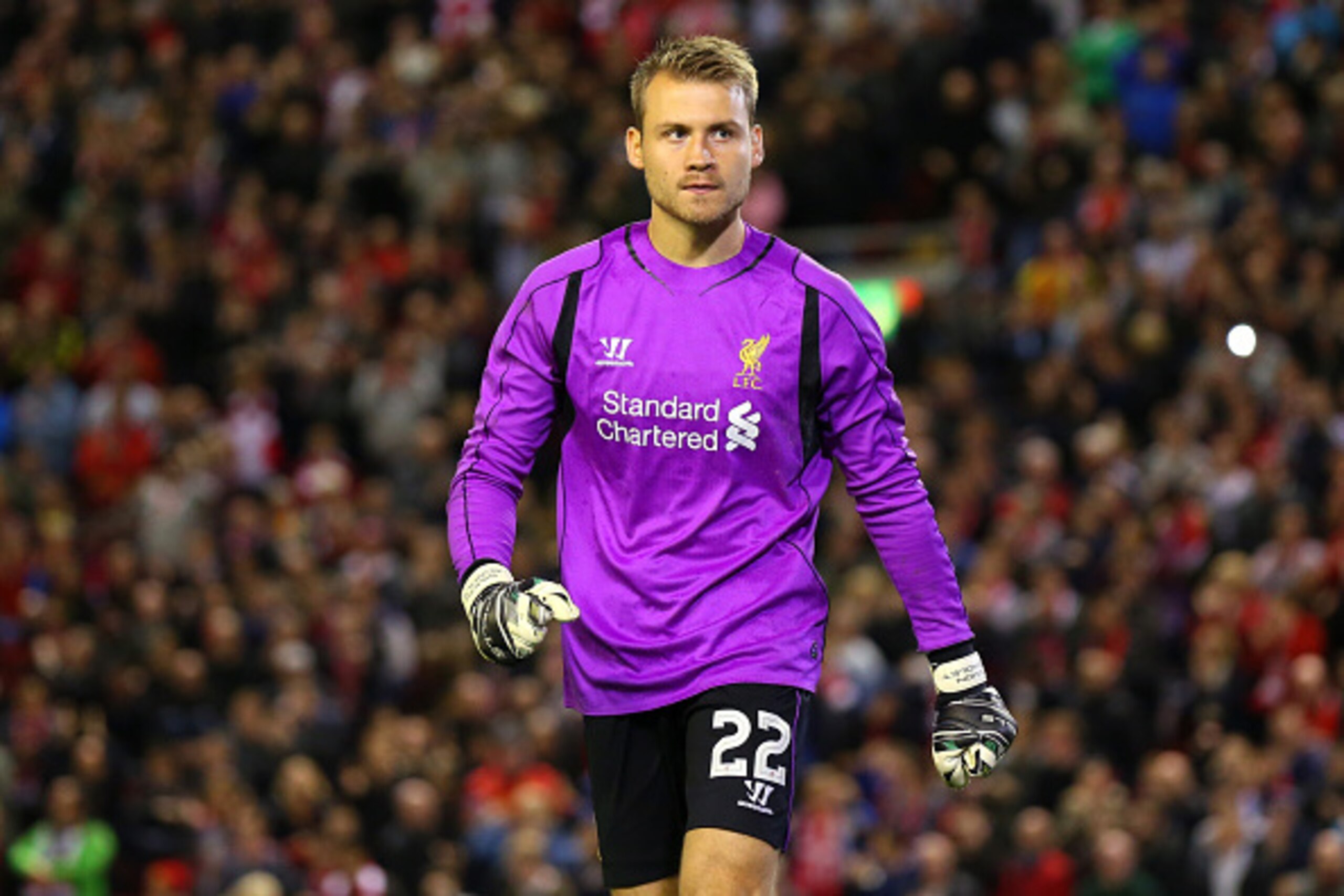 LIVERPOOL, ENGLAND - SEPTEMBER 23:  Simon Mignolet of Liverpool during the Capital One Cup Third Round match between Liverpool and Middlesbrough at Anfield on September 23, 2014 in Liverpool, England.  (Photo by Alex Livesey/Getty Images)