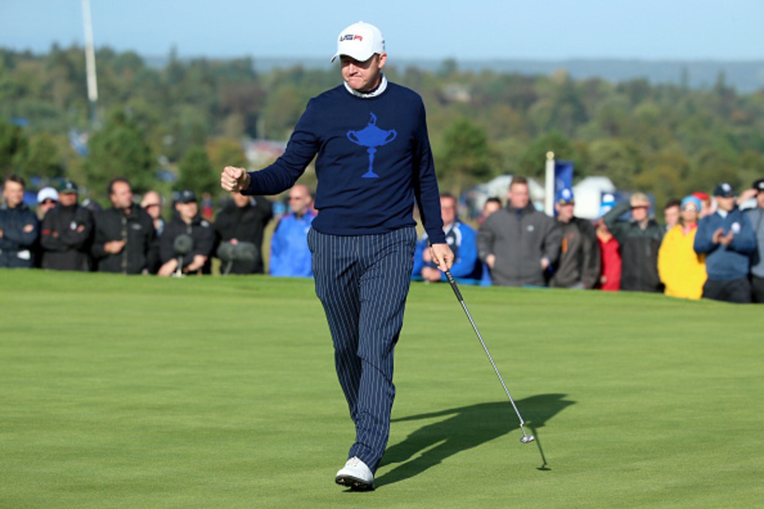 AUCHTERARDER, SCOTLAND - SEPTEMBER 26: Jimmy Walker of the United States celebrates a putt on the 8th green during the Afternoon Foursomes of the 2014 Ryder Cup on the PGA Centenary course at the Gleneagles Hotel on September 26, 2014 in Auchterarder, Sco