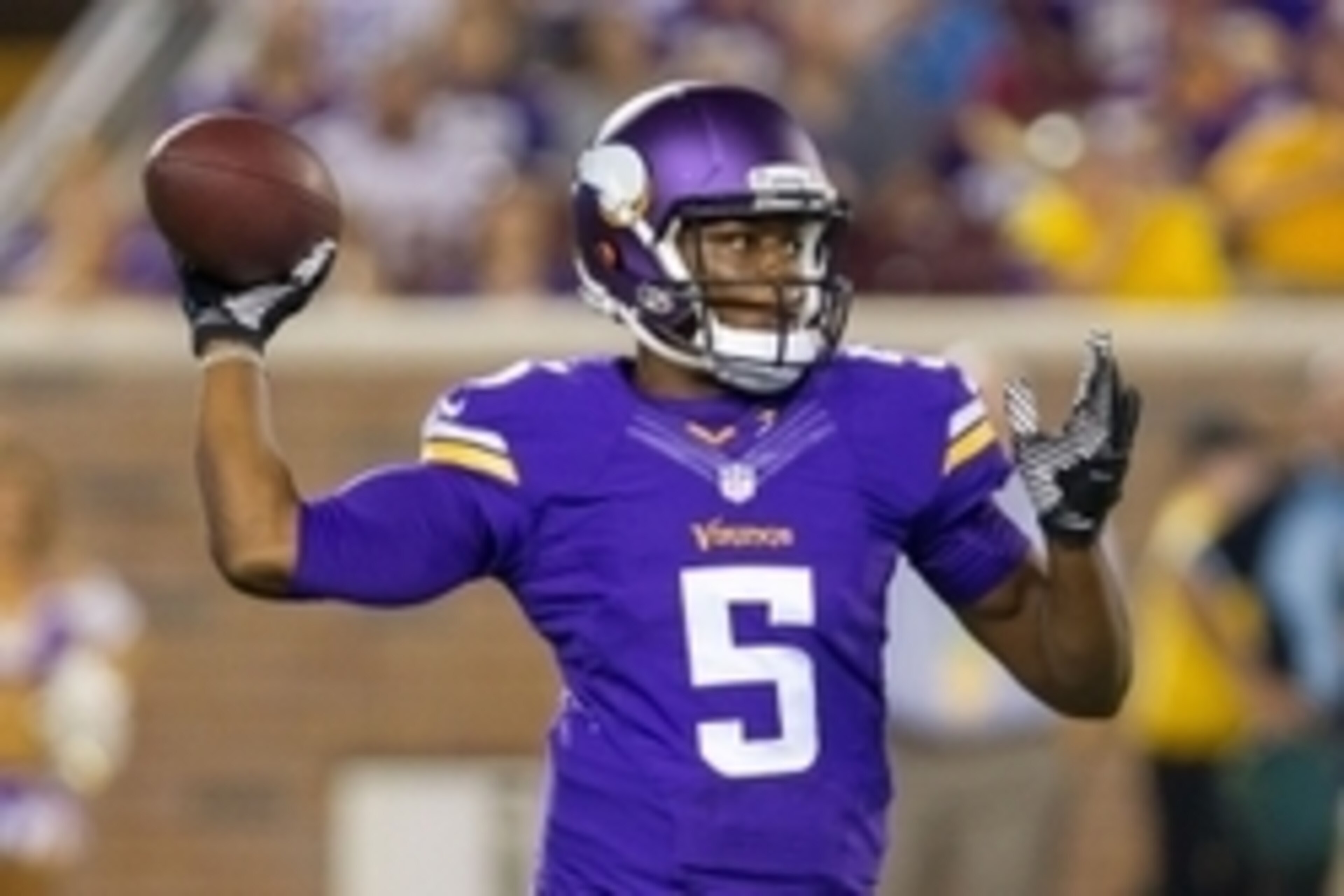 Aug 16, 2014; Minneapolis, MN, USA; Minnesota Vikings quarterback Teddy Bridgewater (5) passes the ball in the fourth quarter against the Arizona Cardinals at TCF Bank Stadium. The Vikings won 30-28. Mandatory Credit: Brad Rempel-USA TODAY Sports Aug 16, 2014; Minneapolis, MN, USA; Minnesota Vikings quarterback Teddy Bridgewater (5) passes the ball in the fourth quarter against the Arizona Cardinals at TCF Bank Stadium. The Vikings won 30-28. Mandatory Credit: Brad Rempel-USA TODAY Sports