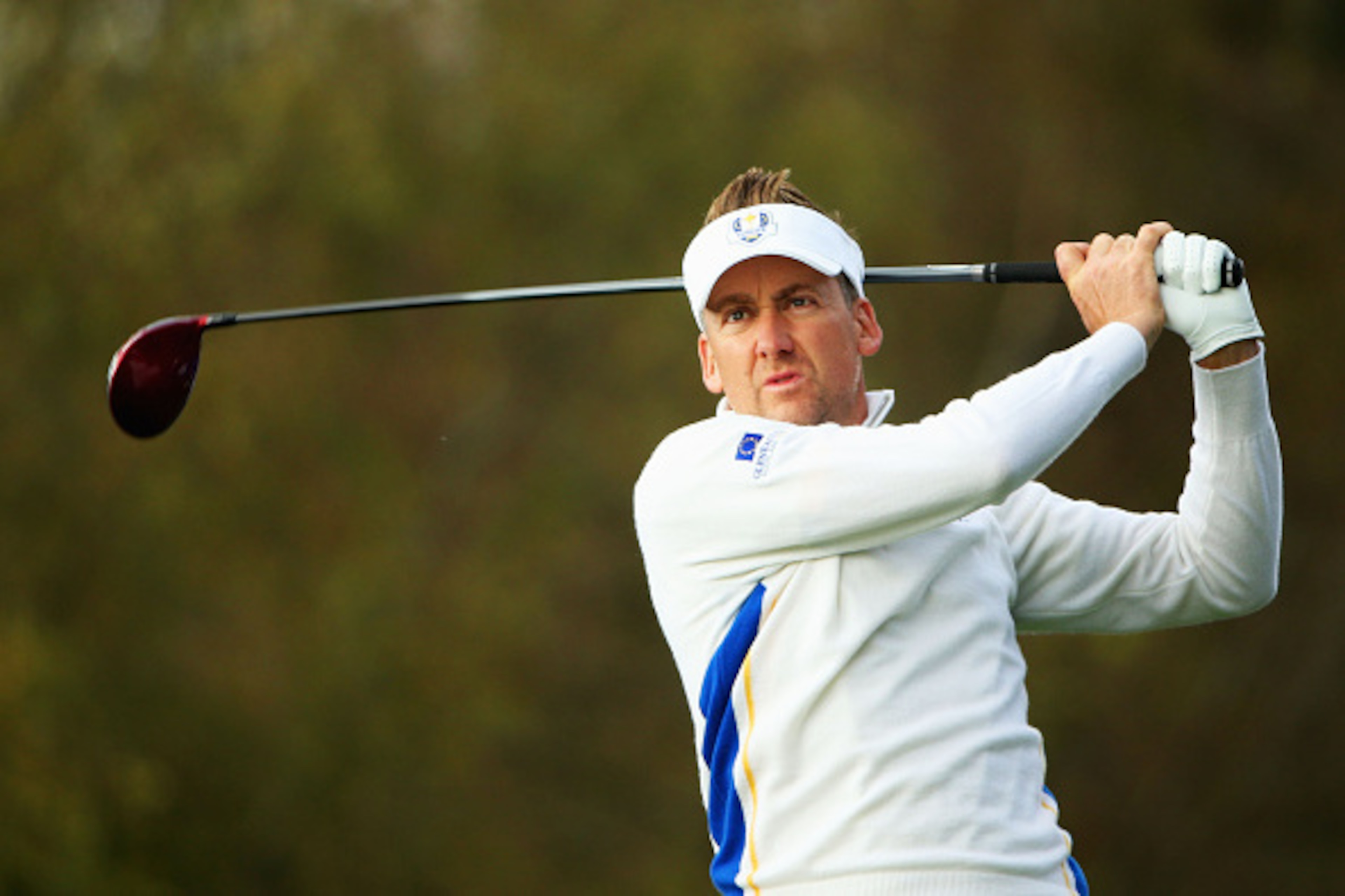 AUCHTERARDER, SCOTLAND - SEPTEMBER 27: Ian Poulter of Europe tees off on the 7th hole during the Morning Fourballs of the 2014 Ryder Cup on the PGA Centenary course at the Gleneagles Hotel on September 27, 2014 in Auchterarder, Scotland.  (Photo by Ross K
