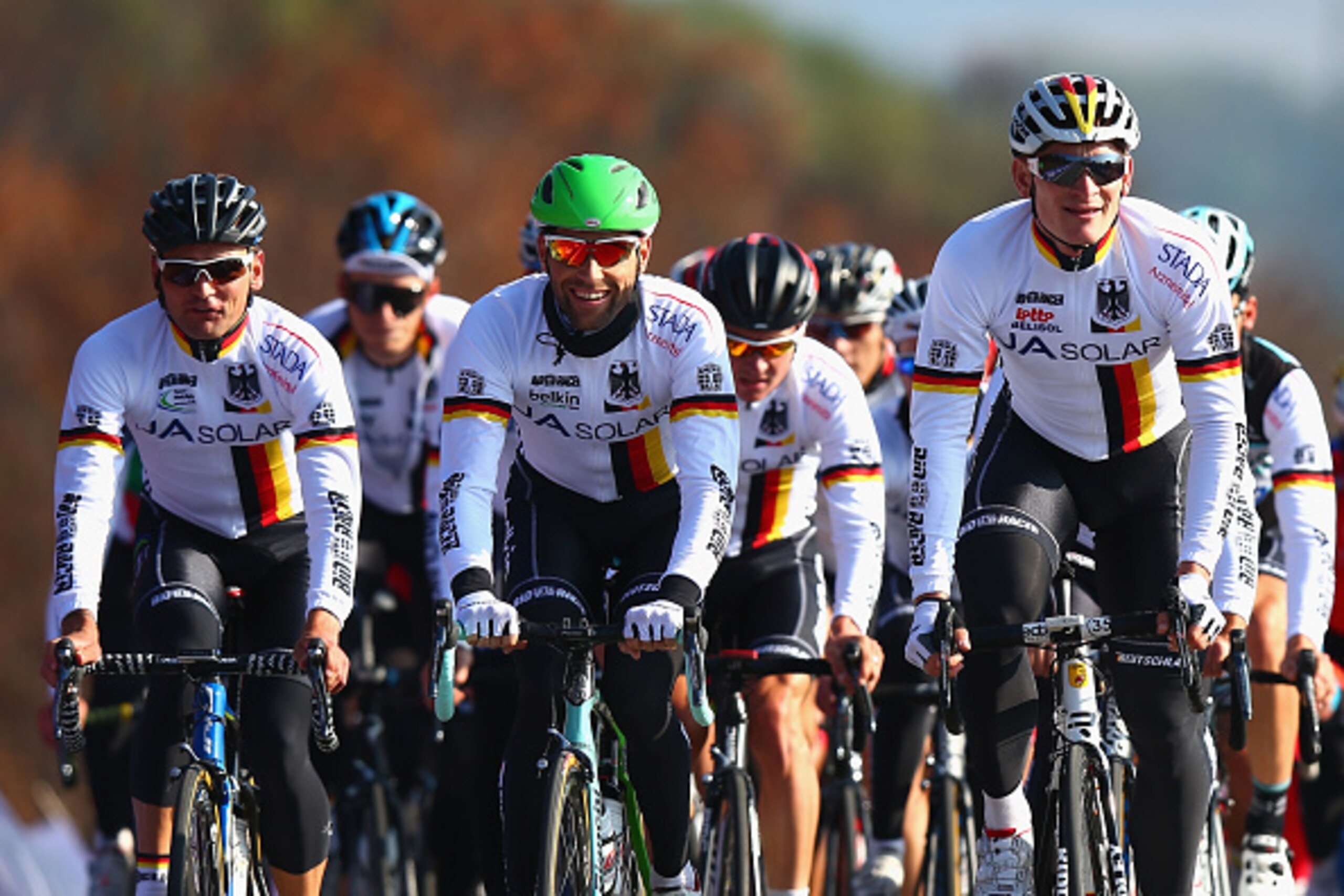 PONFERRADA, SPAIN - SEPTEMBER 25:  Andre Greipel (r) of Gemrnay in action during training for the UCI World Road Race Championships on September 25, 2014 in Ponferrada, Spain.  (Photo by Bryn Lennon/Getty Images)