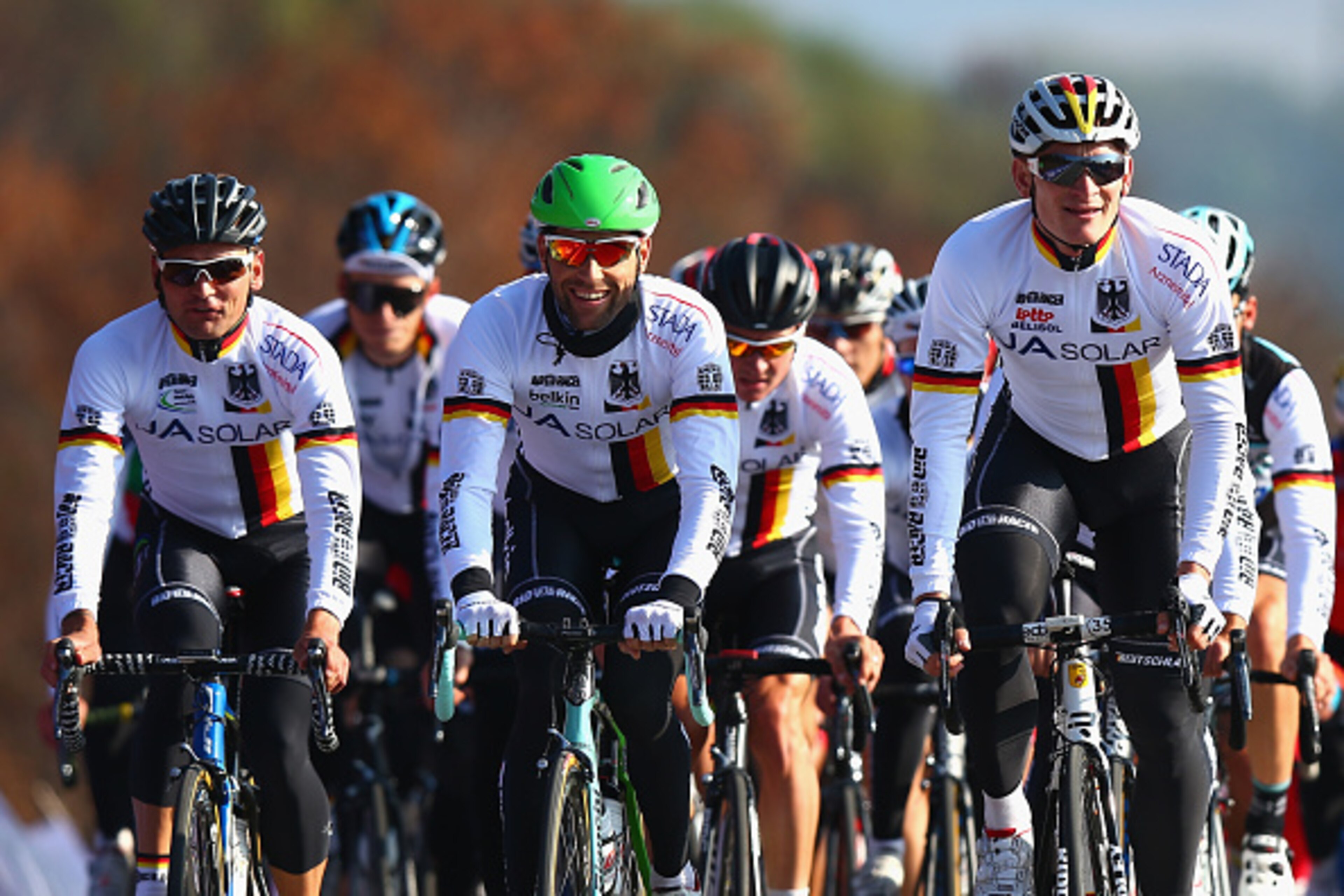PONFERRADA, SPAIN - SEPTEMBER 25:  Andre Greipel (r) of Gemrnay in action during training for the UCI World Road Race Championships on September 25, 2014 in Ponferrada, Spain.  (Photo by Bryn Lennon/Getty Images)