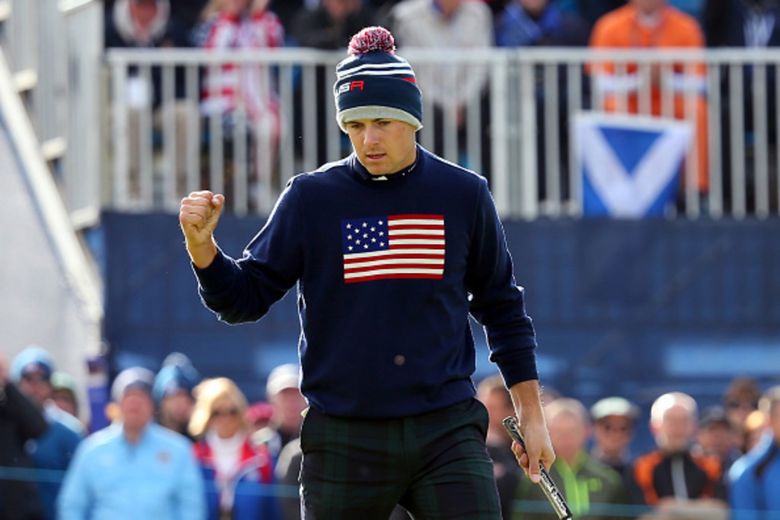 AUCHTERARDER, SCOTLAND - SEPTEMBER 27: Jordan Spieth of the United States celebrates a putt on the 10th hole during the Morning Fourballs of the 2014 Ryder Cup on the PGA Centenary course at the Gleneagles Hotel on September 27, 2014 in Auchterarder, Sco AUCHTERARDER, SCOTLAND - SEPTEMBER 27: Jordan Spieth of the United States celebrates a putt on the 10th hole during the Morning Fourballs of the 2014 Ryder Cup on the PGA Centenary course at the Gleneagles Hotel on September 27, 2014 in Auchterarder, Sco