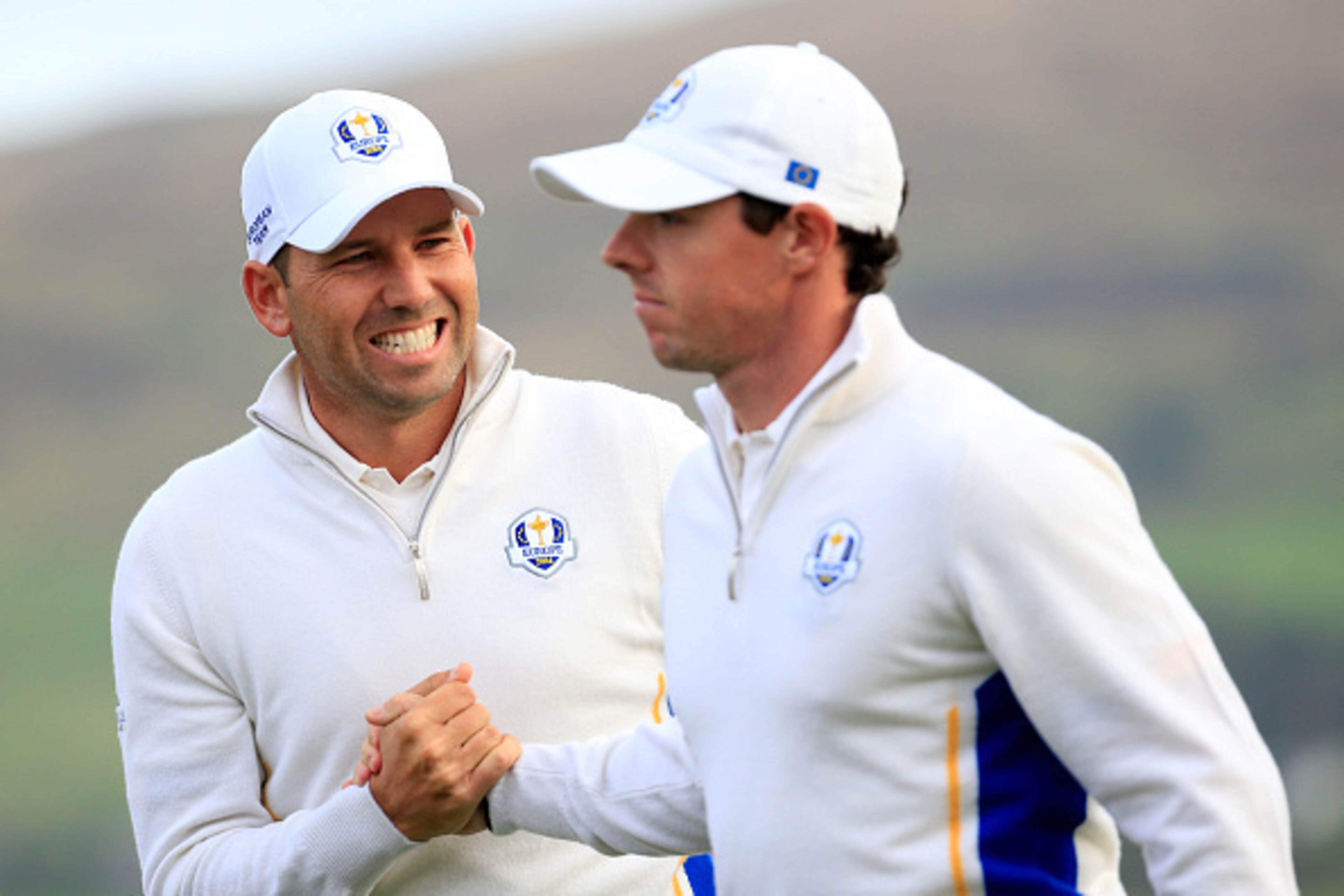 AUCHTERARDER, SCOTLAND - SEPTEMBER 27:  Sergio Garcia (L) and Rory McIlroy of Europe celebrate on the 14th green during the Afternoon Foursomes of the 2014 Ryder Cup on the PGA Centenary course at the Gleneagles Hotel on September 27, 2014 in Auchterarder