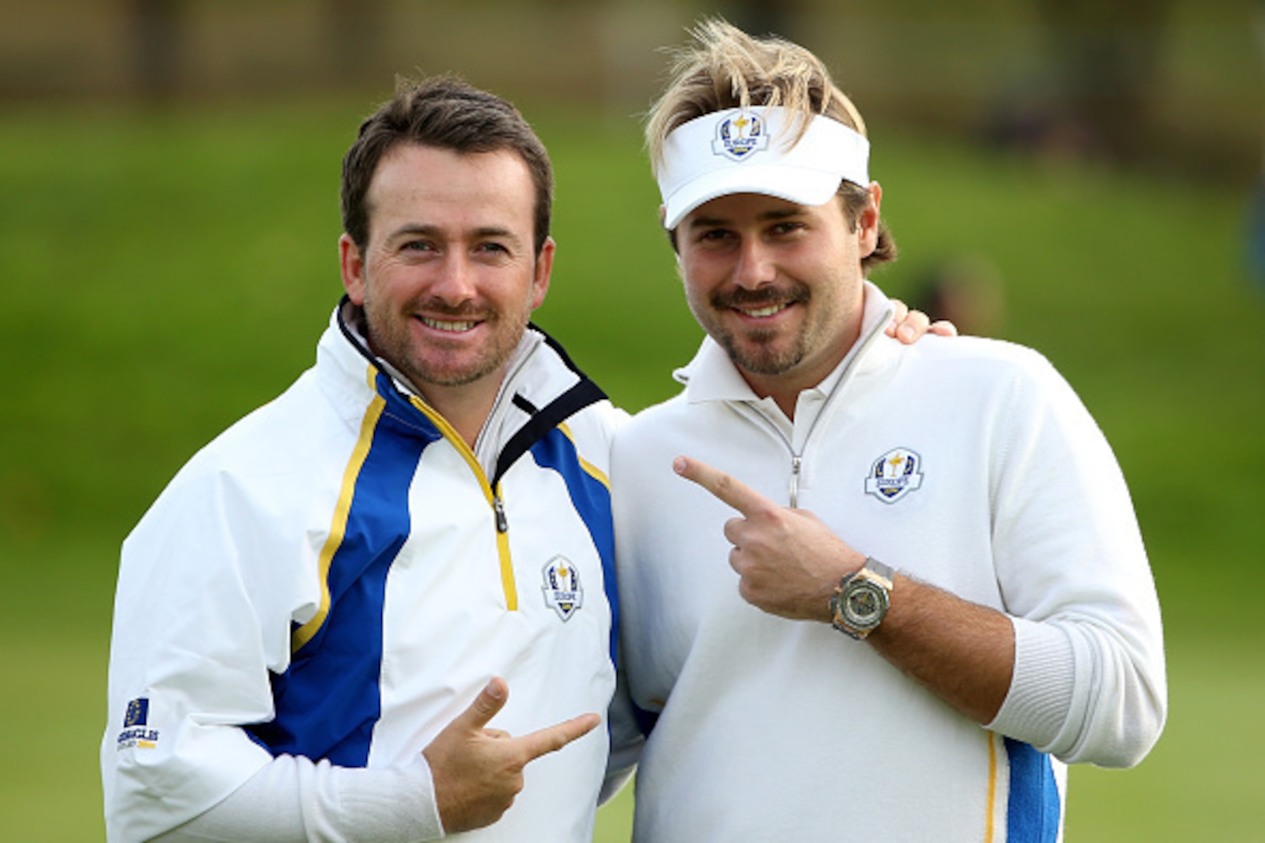 AUCHTERARDER, SCOTLAND - SEPTEMBER 27:  Graeme McDowell (L) and Victor Dubuisson of Europe celebrate victory on the 14th green during the Afternoon Foursomes of the 2014 Ryder Cup on the PGA Centenary course at the Gleneagles Hotel on September 27, 2014 i