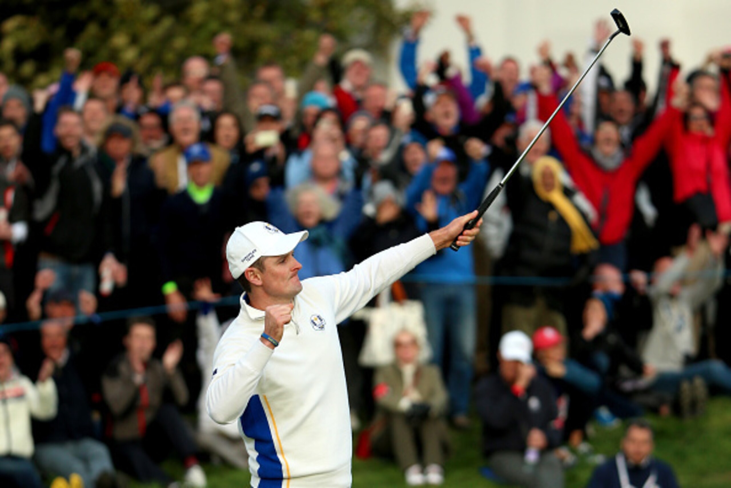 AUCHTERARDER, SCOTLAND - SEPTEMBER 27:  Justin Rose of Europe celebrates as he halves his match on the 18th green during the Afternoon Foursomes of the 2014 Ryder Cup on the PGA Centenary course at the Gleneagles Hotel on September 27, 2014 in Auchterarde