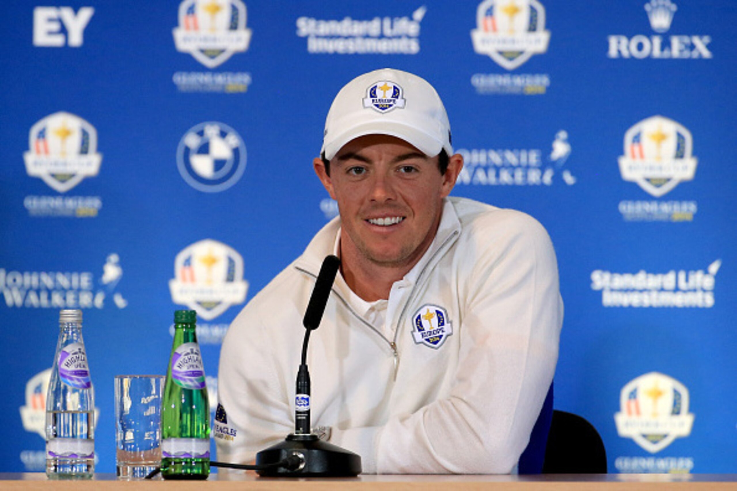 AUCHTERARDER, SCOTLAND - SEPTEMBER 27:  Rory McIlroy of Europe smiles during a press conference after the Afternoon Foursomes of the 2014 Ryder Cup on the PGA Centenary course at the Gleneagles Hotel on September 27, 2014 in Auchterarder, Scotland.  (Phot