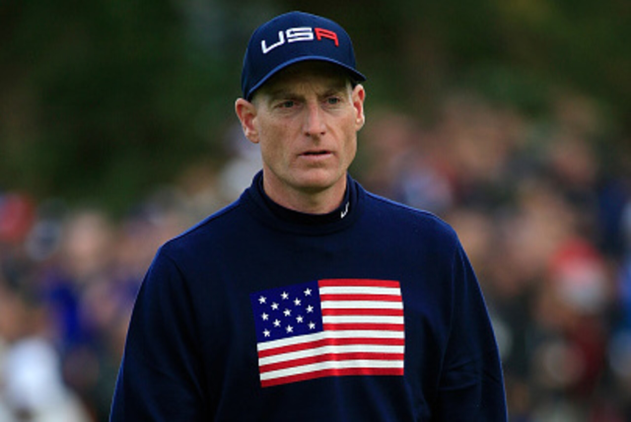 AUCHTERARDER, SCOTLAND - SEPTEMBER 27:  Jim Furyk of the United States reacts to a putt during the Afternoon Foursomes of the 2014 Ryder Cup on the PGA Centenary course at the Gleneagles Hotel on September 27, 2014 in Auchterarder, Scotland.  (Photo by Ja