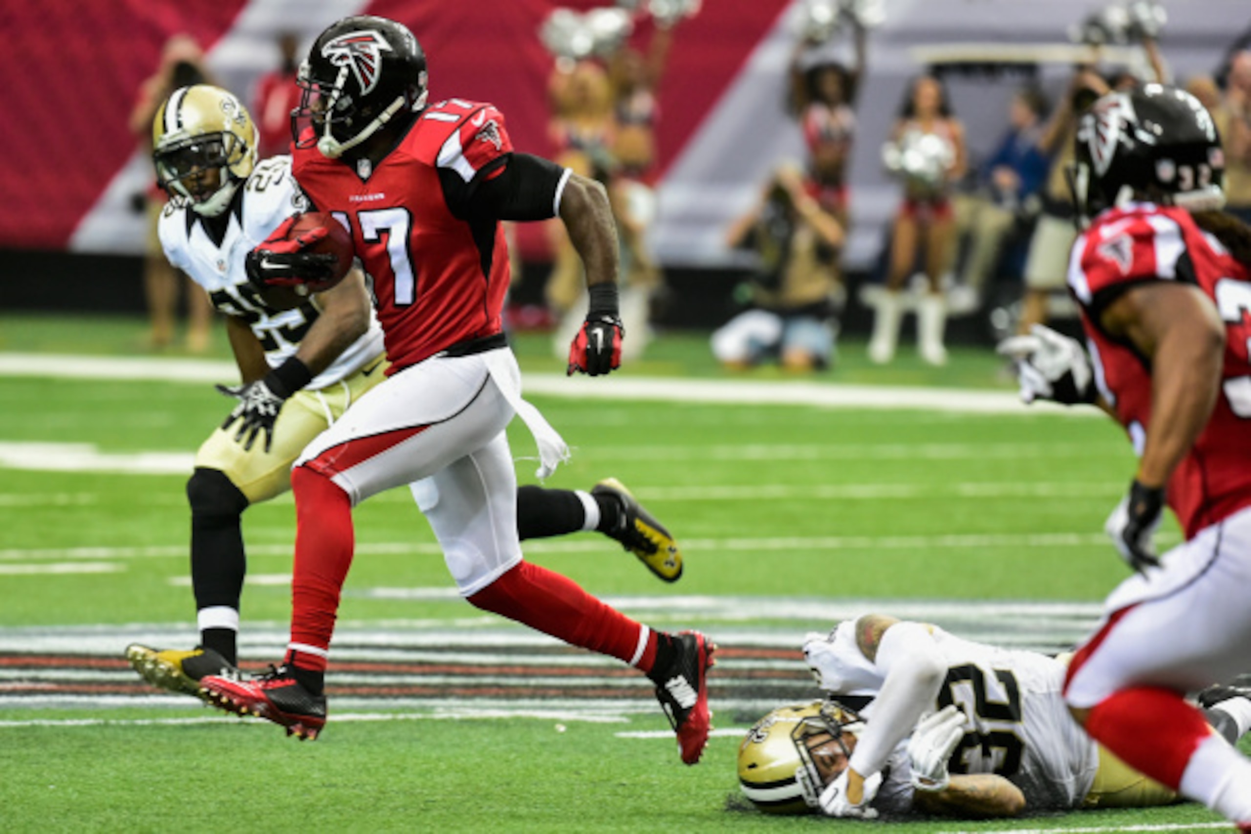ATLANTA, GA - SEPTEMBER 07: Devin Hester #17 of the Atlanta Falcons runs after a catch in the second half against the New Orleans Saints at the Georgia Dome on September 7, 2014 in Atlanta, Georgia. The Atlanta Falcons won 37-34. (Photo by Scott Cunningha