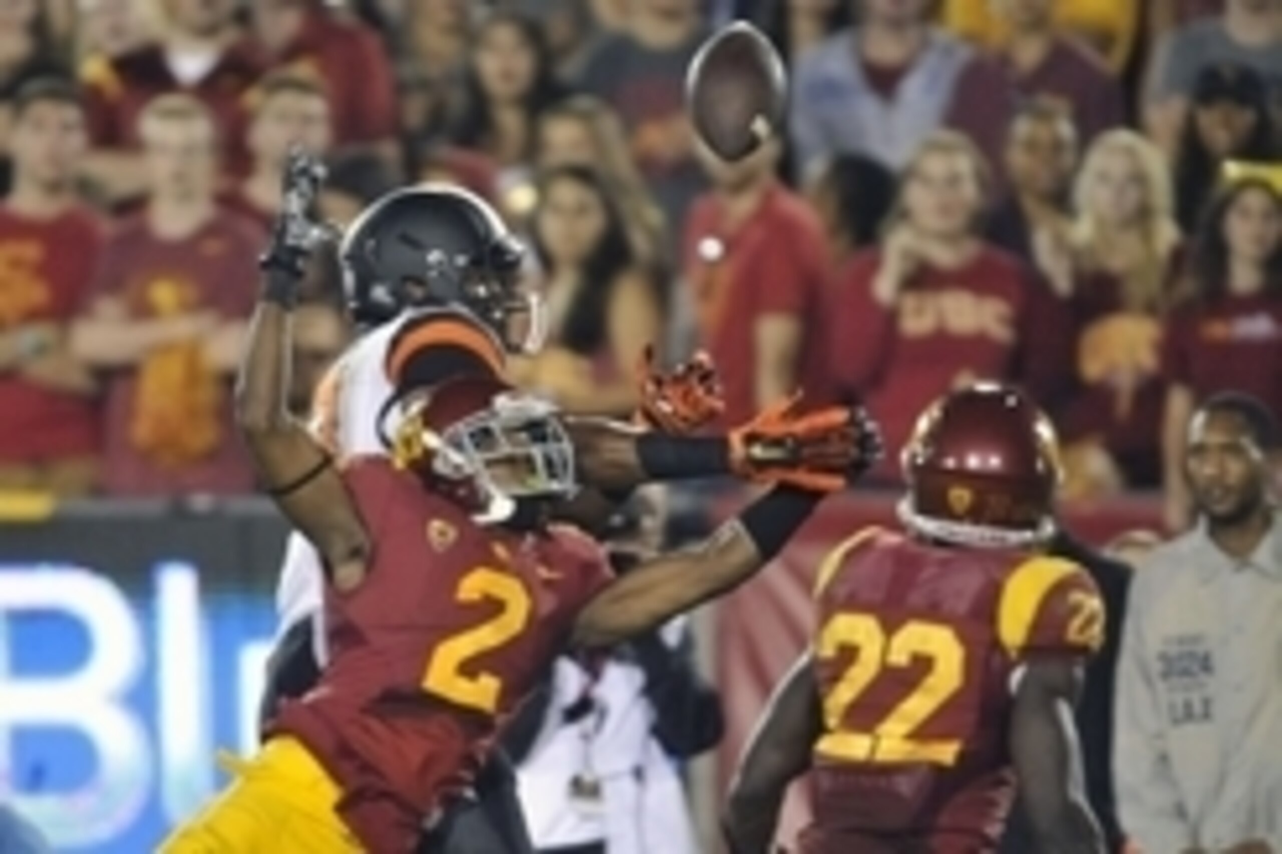 September 27, 2014; Los Angeles, CA, USA;  Southern California Trojans cornerback Adoree' Jackson (2) breaks up a pass intended for Oregon State Beavers wide receiver Jordan Villamin (13) during the first half at the Los Angeles Memorial Coliseum. Souther