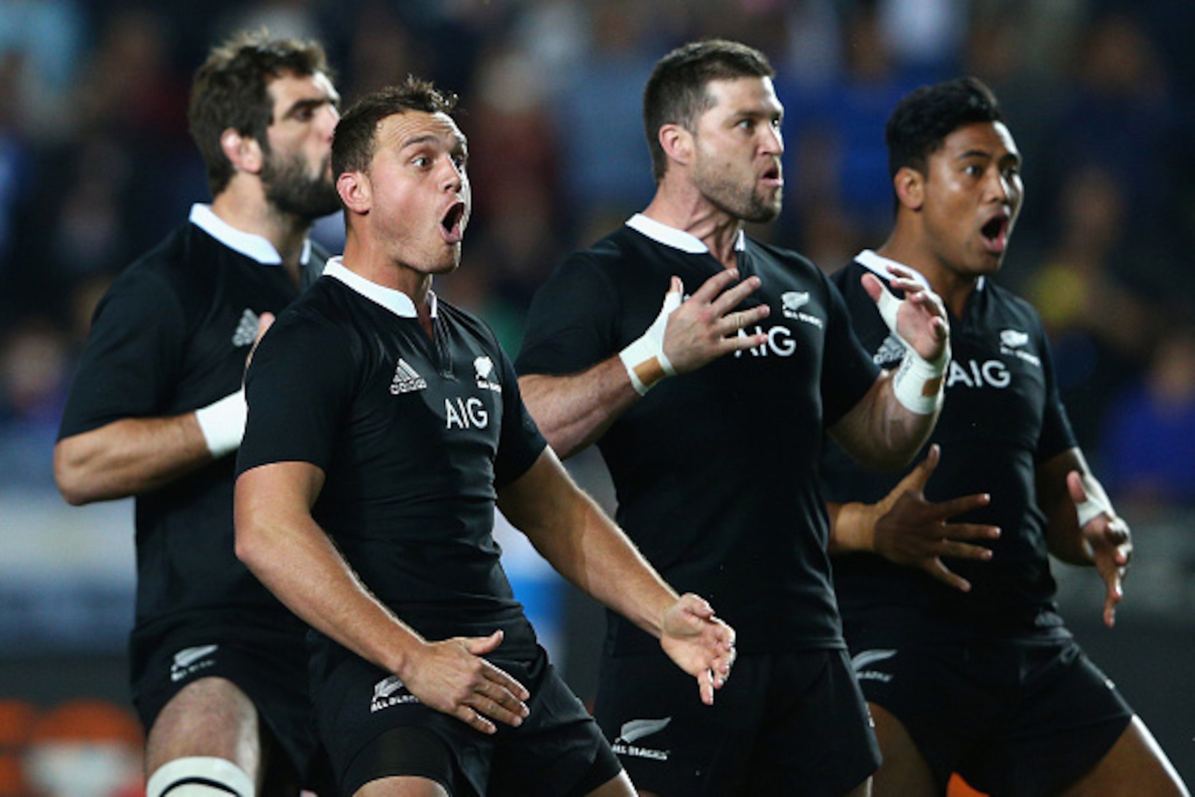 BUENOS AIRES, ARGENTINA - SEPTEMBER 27:  Israel Dagg of the All Blacks and team mates perform the Haka during The Rugby Championship match between Argentina and the New Zealand All Blacks at Estadio Ciudad de La Plata on September 27, 2014 in Buenos Aires