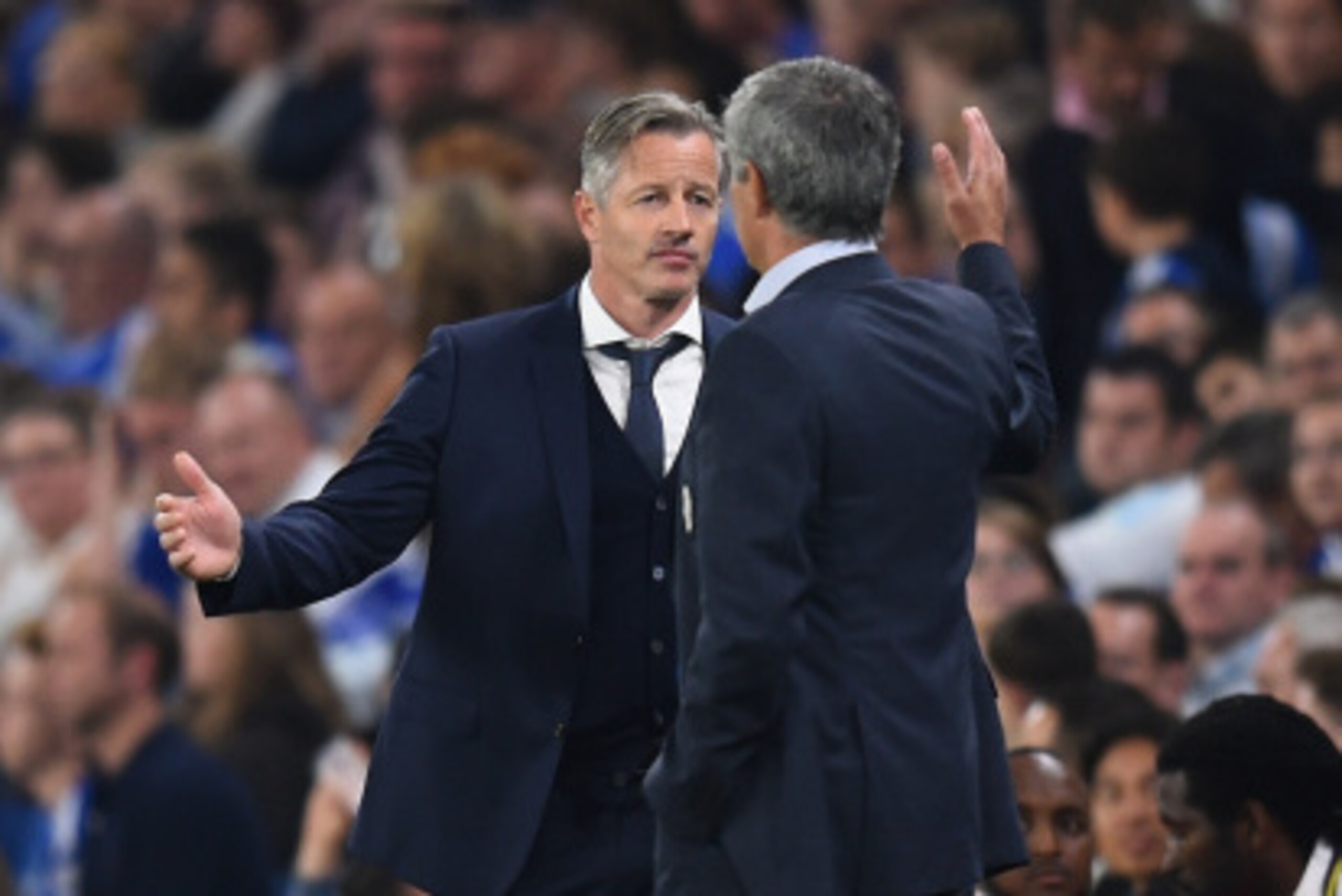 LONDON, ENGLAND - SEPTEMBER 17:  Schalke coach Jens Keller shakes hands with Chelsea coach Jose Mourinho at the end of the UEFA Champions League Group G match between Chelsea FC and FC Schalke 04 on September 17, 2014 in London, United Kingdom.  (Photo by