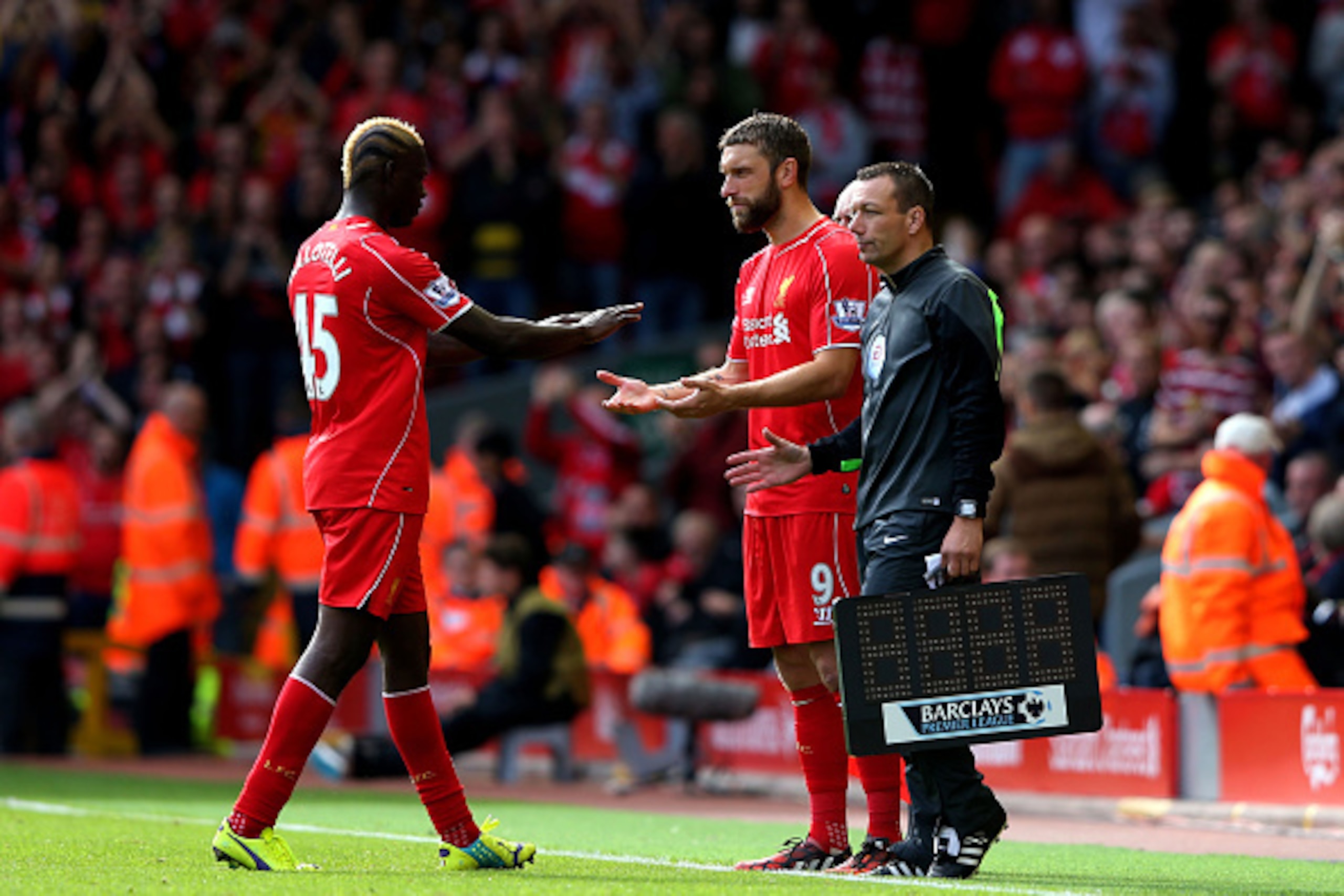LIVERPOOL, ENGLAND - SEPTEMBER 27:  Rickie Lambert of Liverpool comes on as a second half substitute for Mario Balotelli of Liverpool uring the Barclays Premier League match between Liverpool and Everton at Anfield on September 27, 2014 in Liverpool, Engl