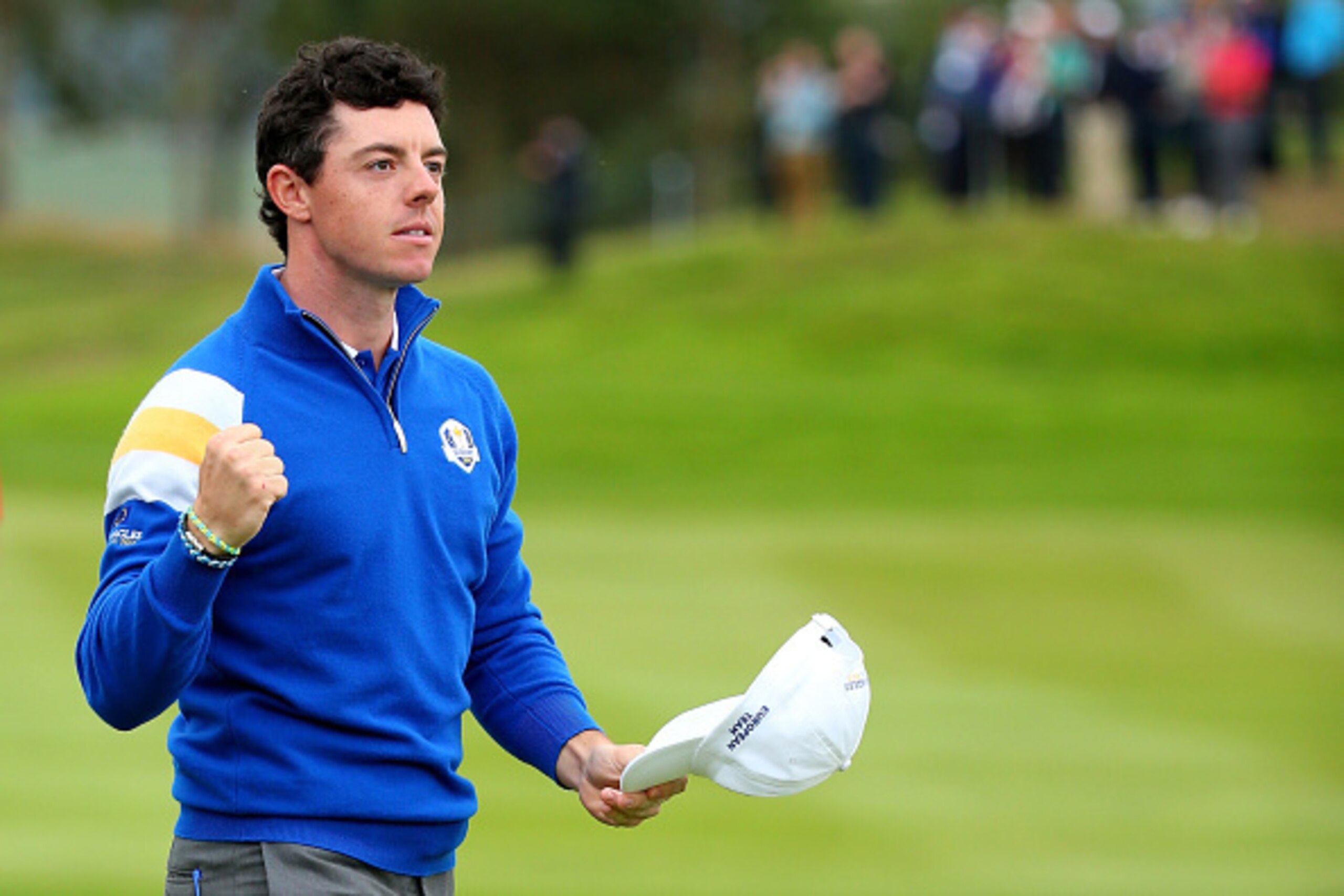 AUCHTERARDER, SCOTLAND - SEPTEMBER 28:  Rory McIlroy of Europe celebrates victory on the 14th hole during the Singles Matches of the 2014 Ryder Cup on the PGA Centenary course at the Gleneagles Hotel on September 28, 2014 in Auchterarder, Scotland.  (Phot